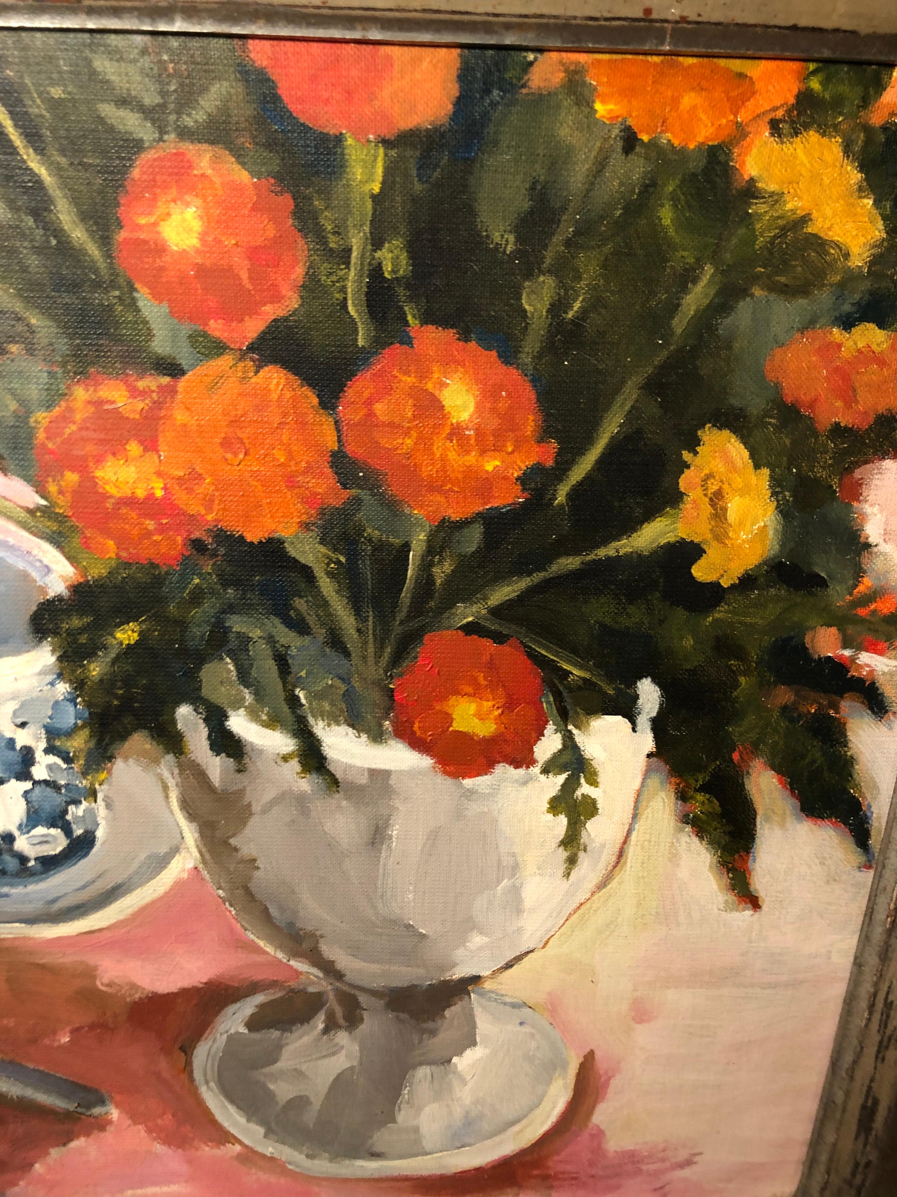 Expressionist 1977 Still Life of Marigolds by Arlene Skutch For Sale