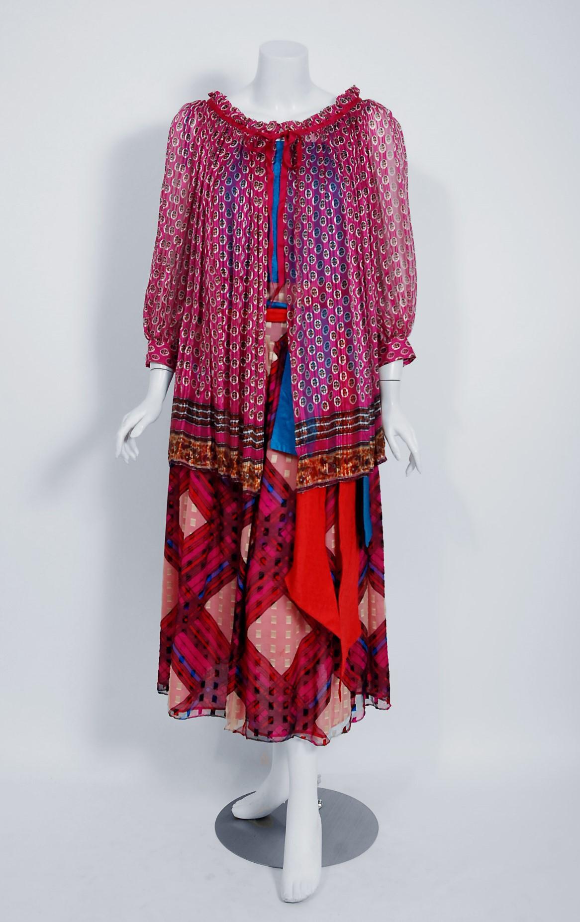 Vintage 1970s Ungaro Paris Colorful Print Silk Belted Bohemian 4-Piece Dress Set 1