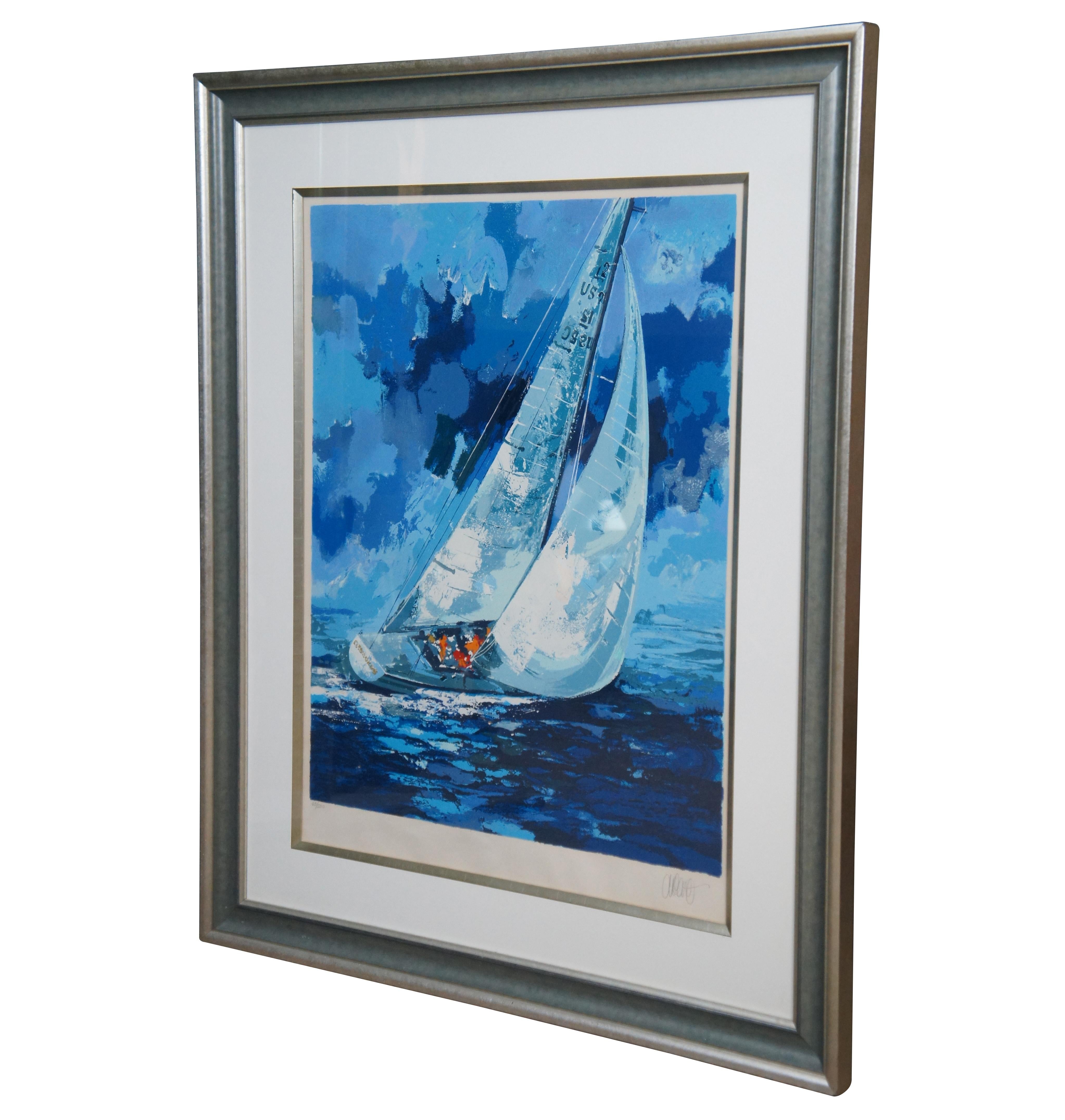 Vintage 1977 limited edition seascape serigraph print of “America’s Champion I” sailboat on blue water, pencil signed and numbered 63/500 by Wayland Moore.

Provenance:
Estate of J. Frederic Gagel, owner of multiple Thoroughbred race horses that