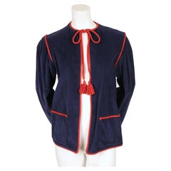 1977 YVES SAINT LAURENT blue corduroy peasant RUNWAY jacket with red trim