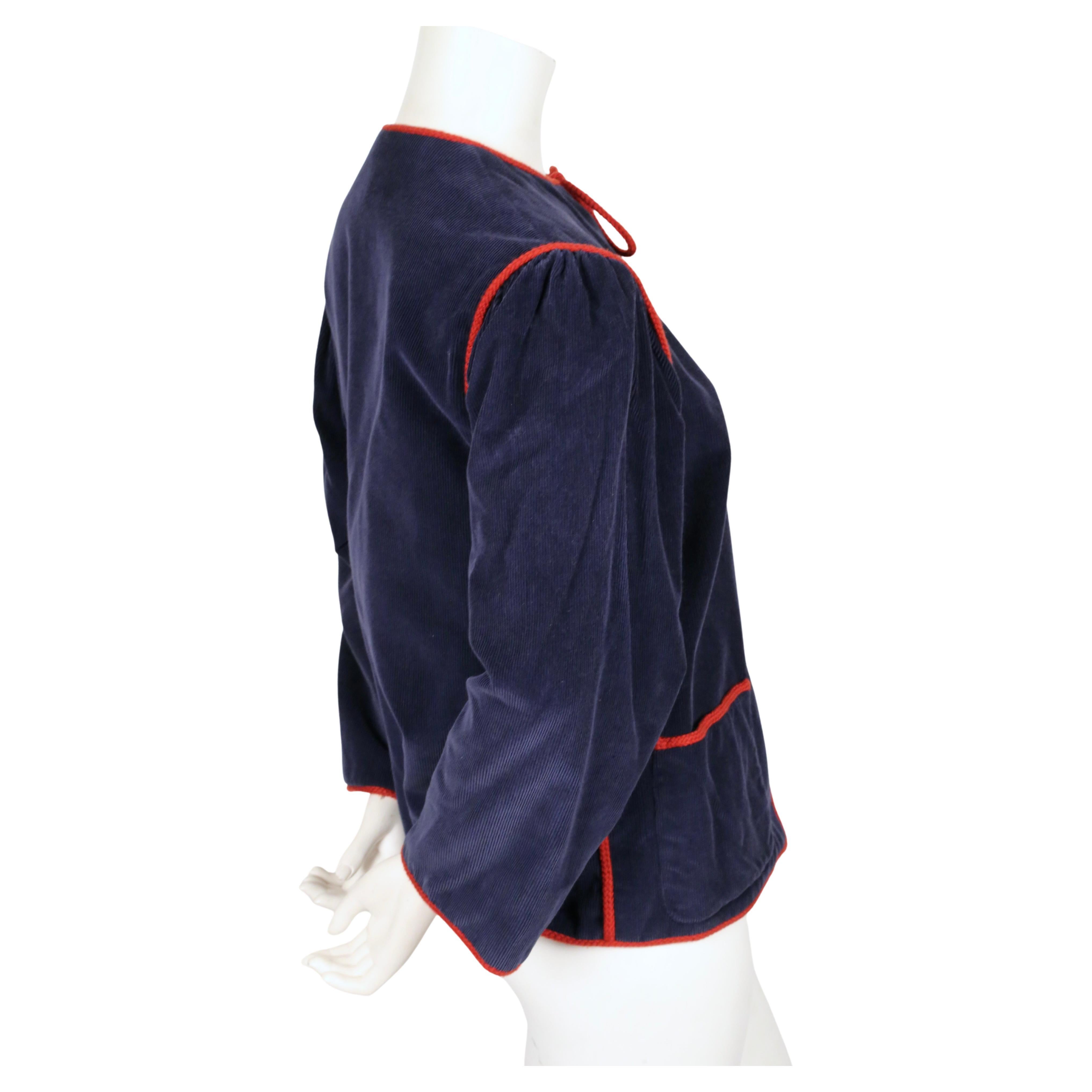 Black 1977 YVES SAINT LAURENT blue corduroy peasant RUNWAY jacket with red trim For Sale