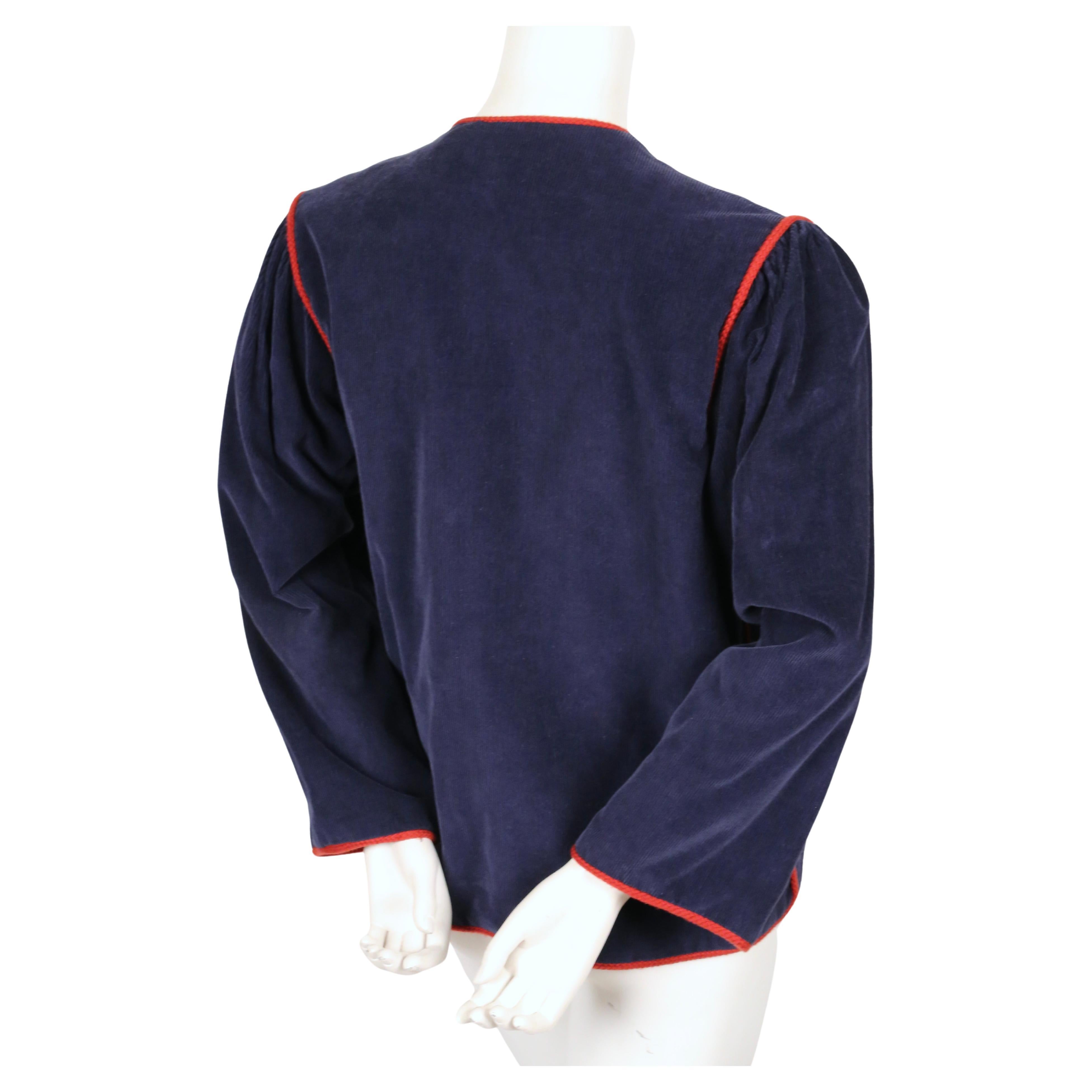 Women's or Men's 1977 YVES SAINT LAURENT blue corduroy peasant RUNWAY jacket with red trim For Sale