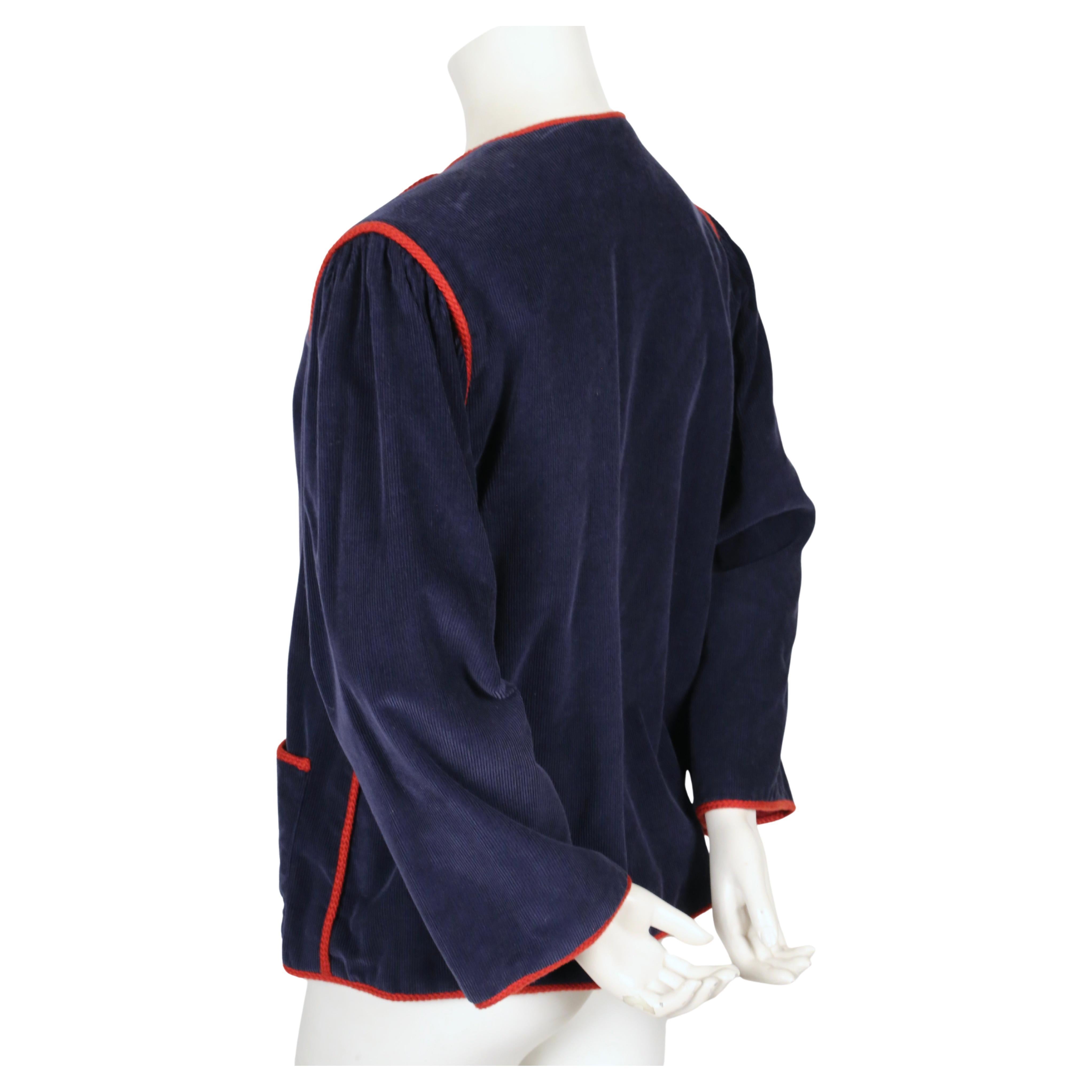 Women's or Men's 1977 YVES SAINT LAURENT blue corduroy peasant RUNWAY jacket with red trim For Sale