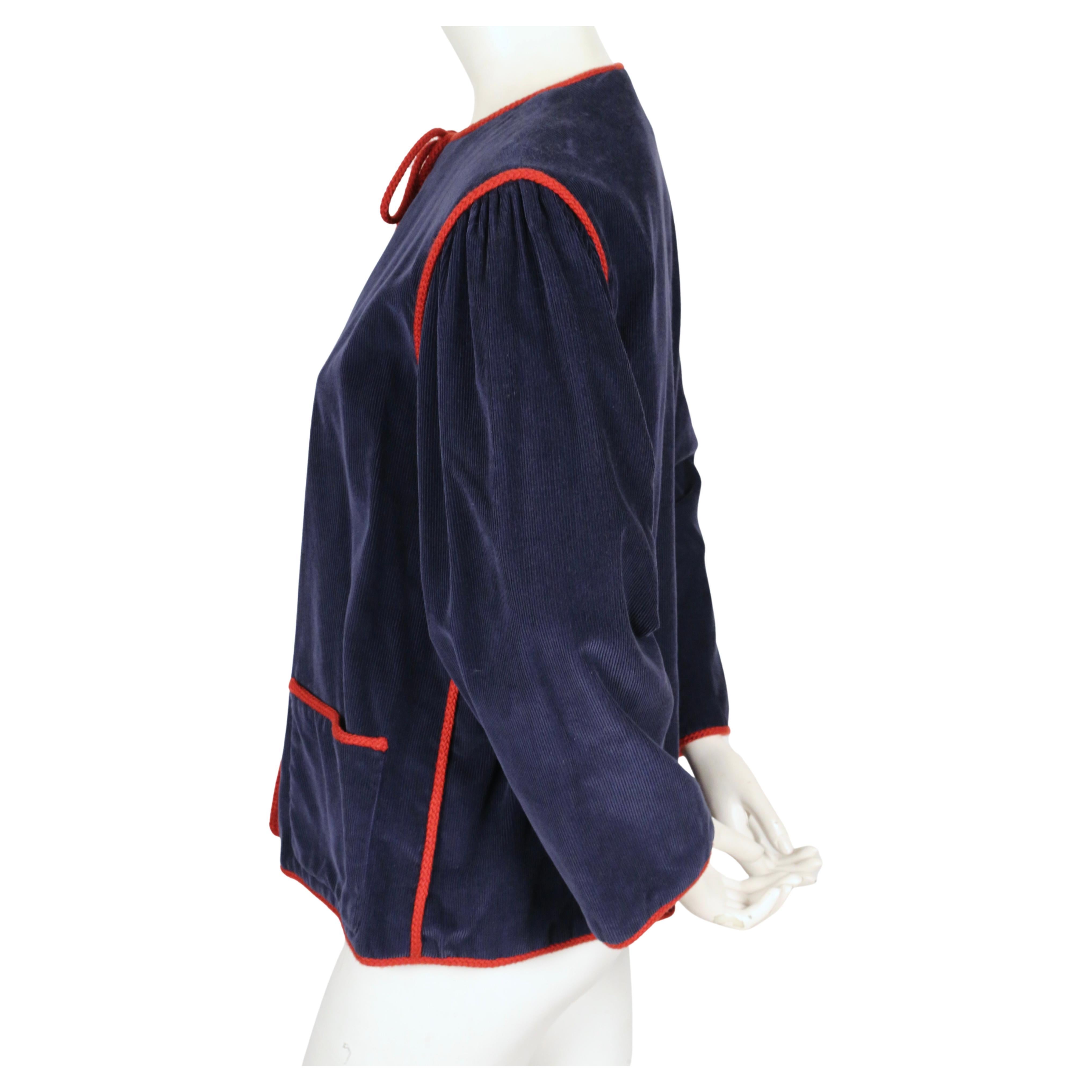 1977 YVES SAINT LAURENT blue corduroy peasant RUNWAY jacket with red trim For Sale 2