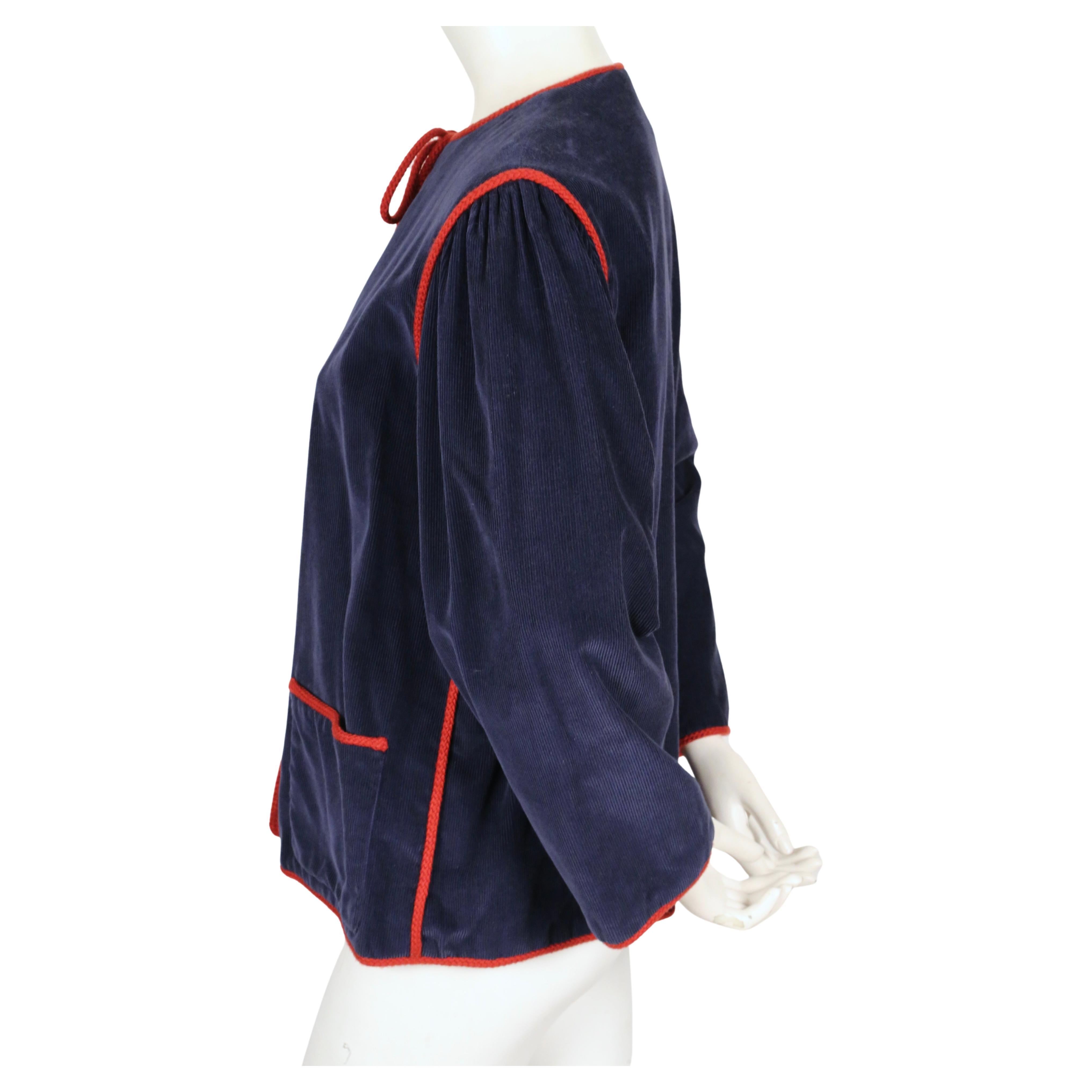 1977 YVES SAINT LAURENT blue corduroy peasant RUNWAY jacket with red trim For Sale 1