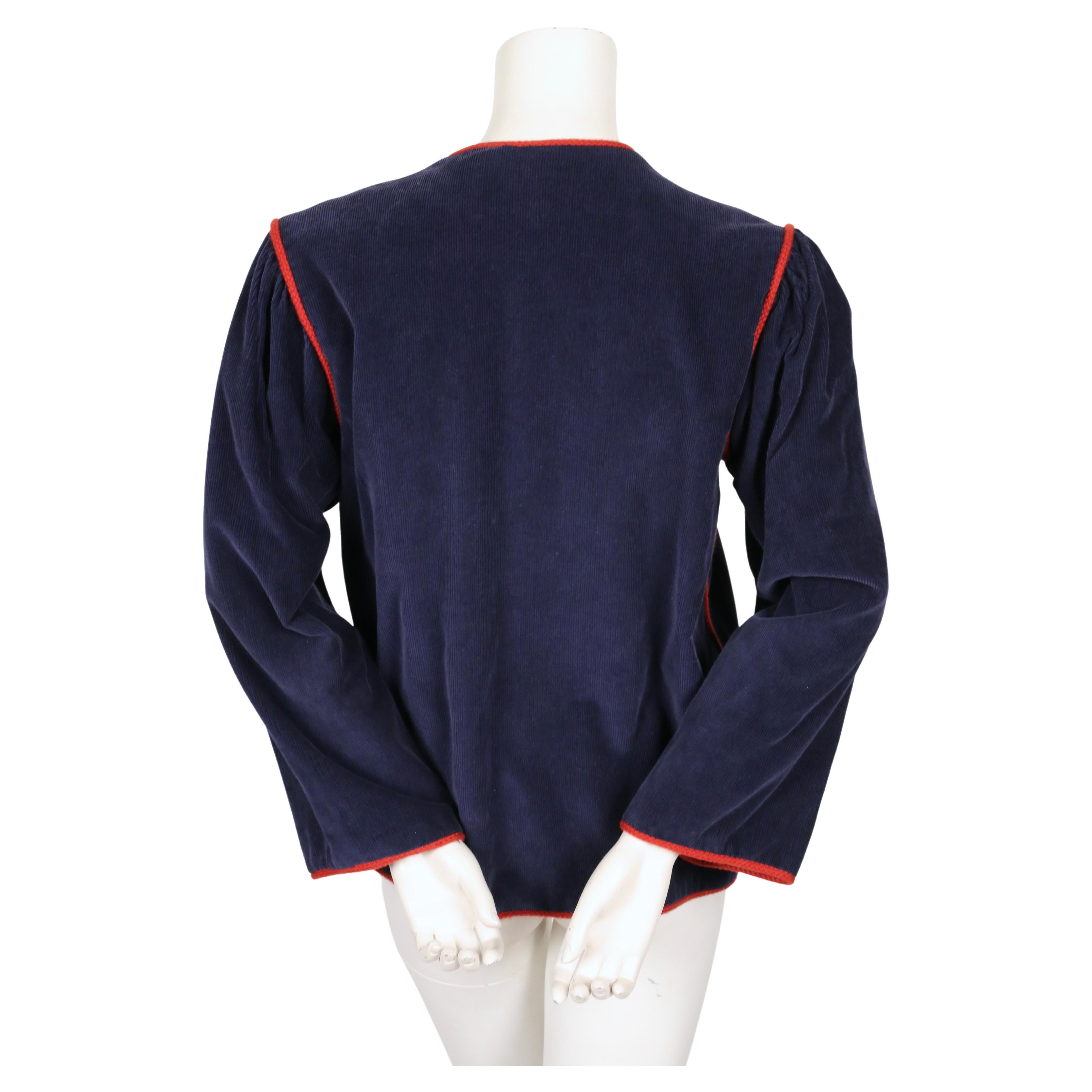 1977 YVES SAINT LAURENT blue corduroy peasant RUNWAY jacket with red trim For Sale 2