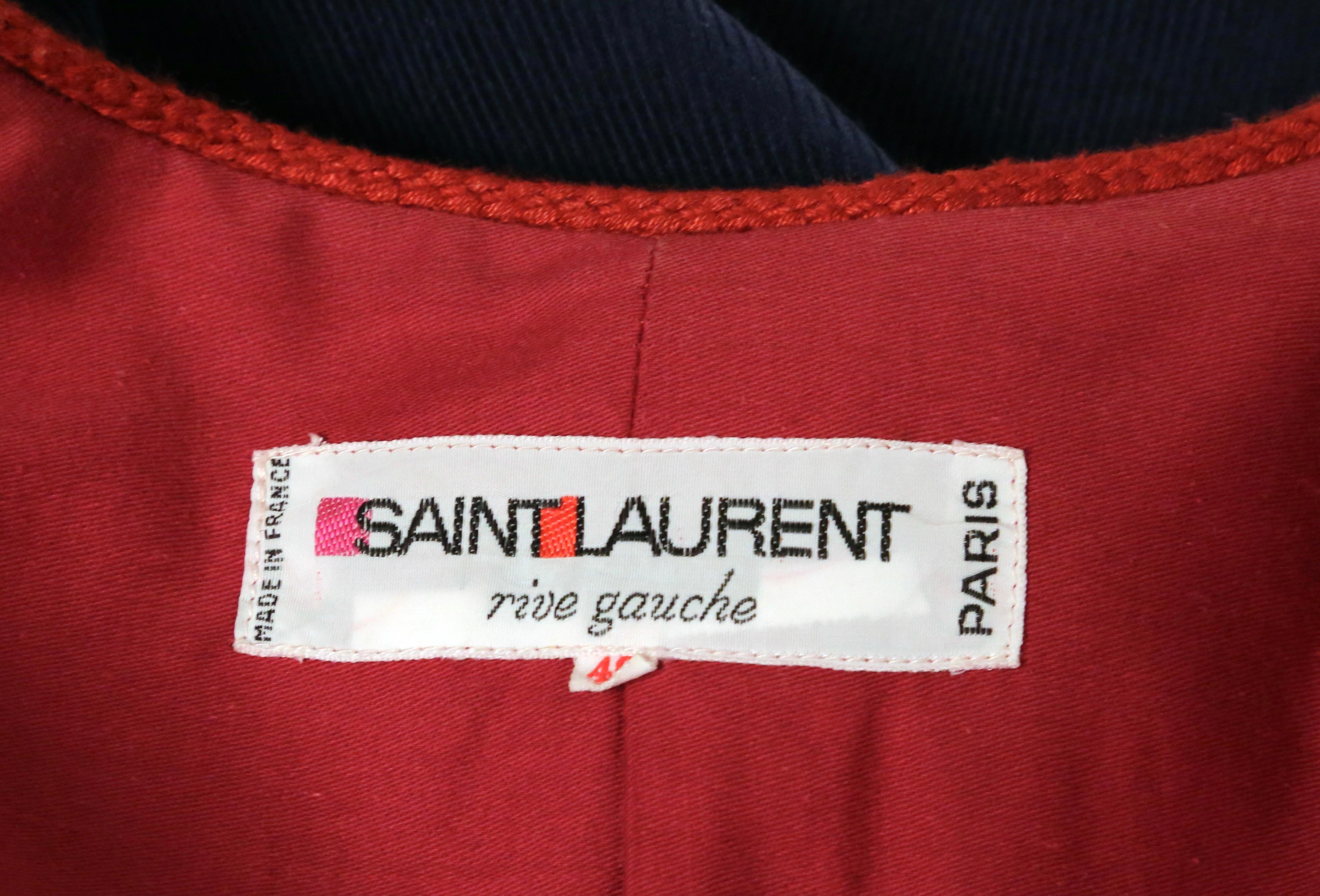 1977 YVES SAINT LAURENT blue corduroy peasant RUNWAY jacket with red trim For Sale 3