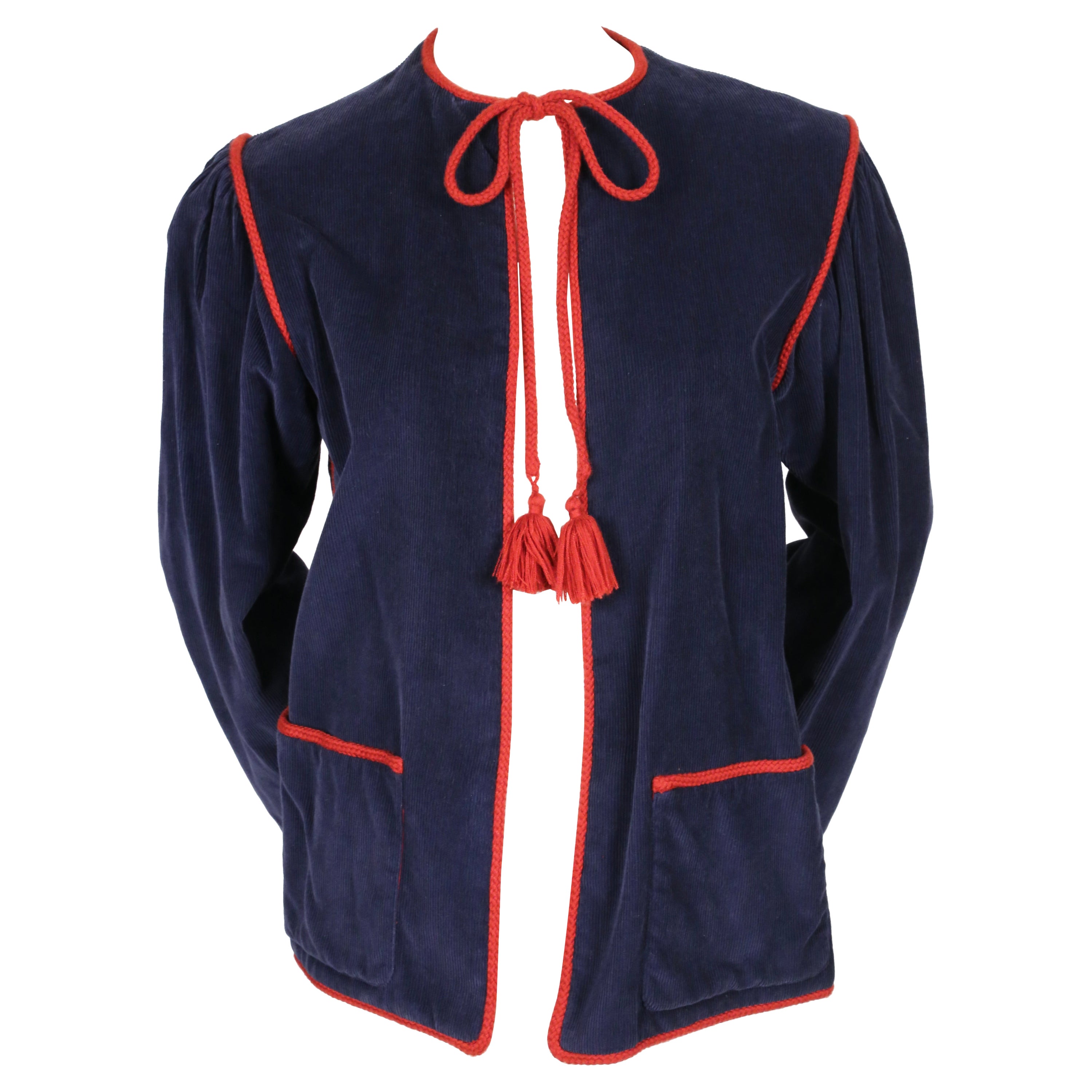 1977 YVES SAINT LAURENT blue corduroy peasant RUNWAY jacket with red trim For Sale