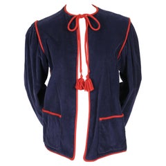 1977 YVES SAINT LAURENT Blaue Bauern-RUNWAY-Jacke aus Korduroy mit roter Verzierung