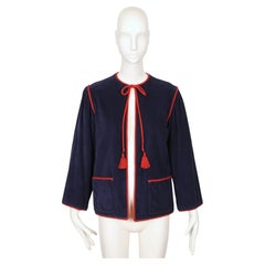1977 YVES SAINT LAURENT deep blue corduroy peasant RUNWAY jacket with red trim