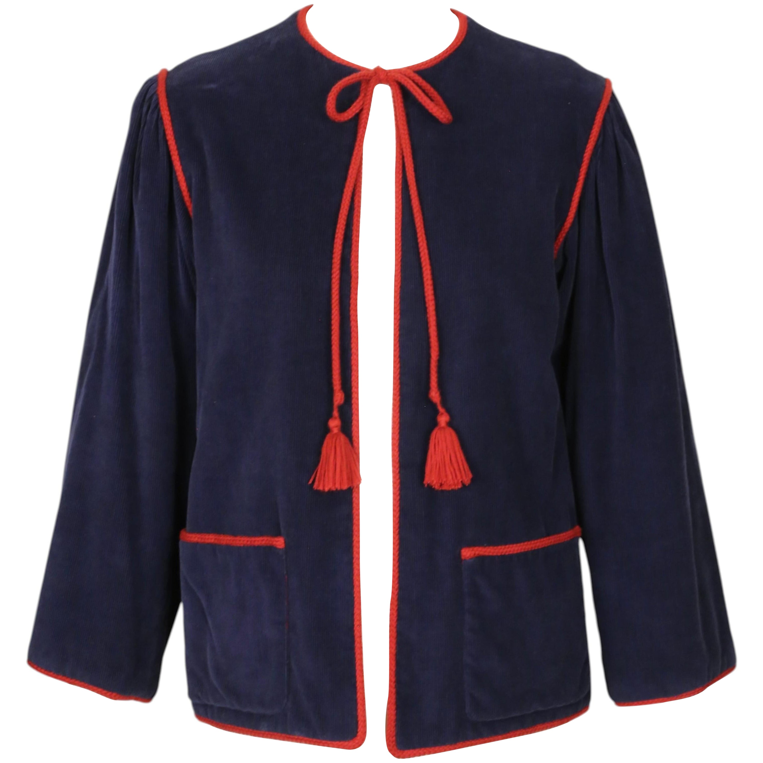 1977 YVES SAINT LAURENT tiefblaue RUNWAY-Bauernjacke aus Cord mit rotem Besatz