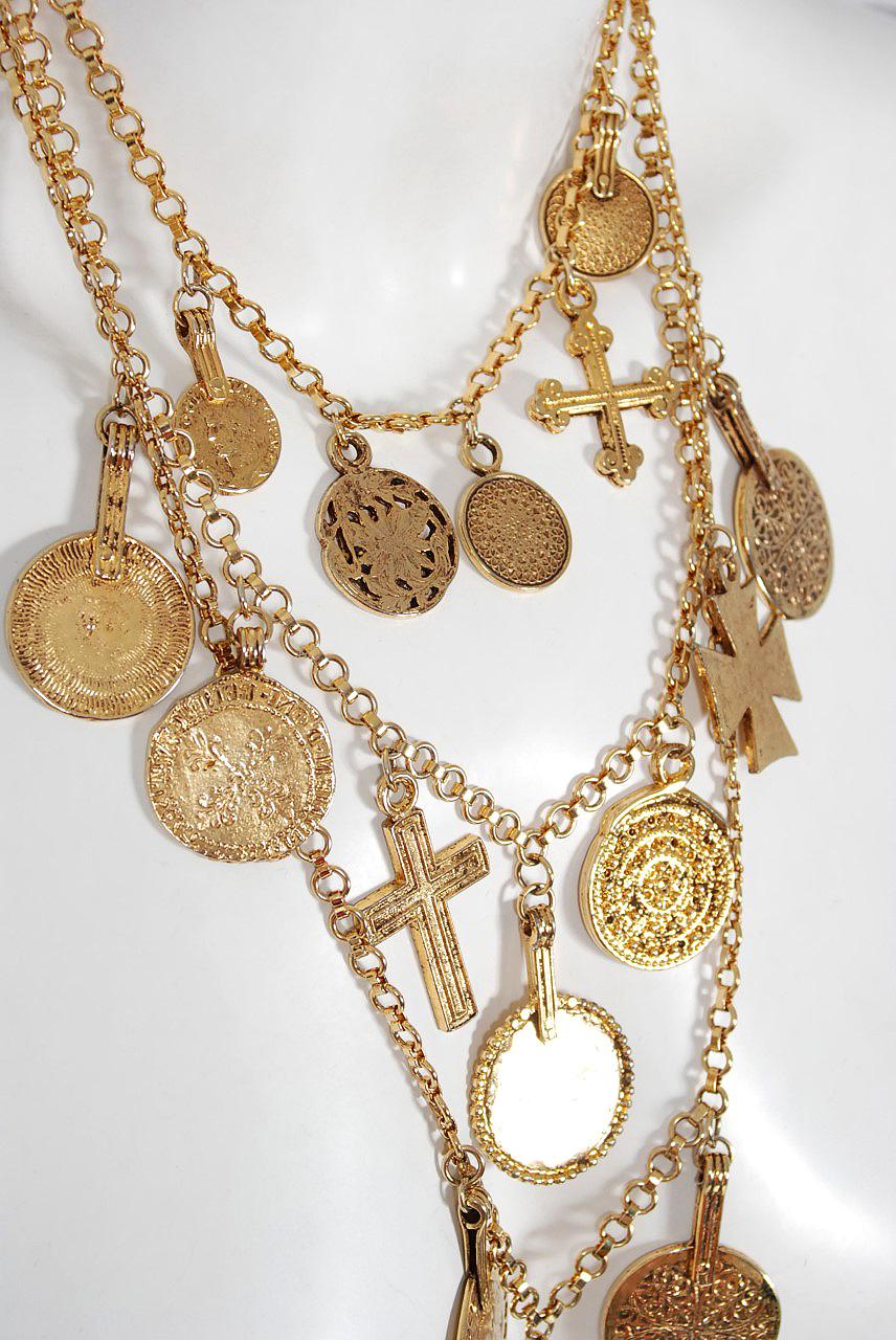 Women's or Men's 1977 Yves Saint Laurent Gypsy Gold Coin & Cross Medallion Charm Layered Necklace
