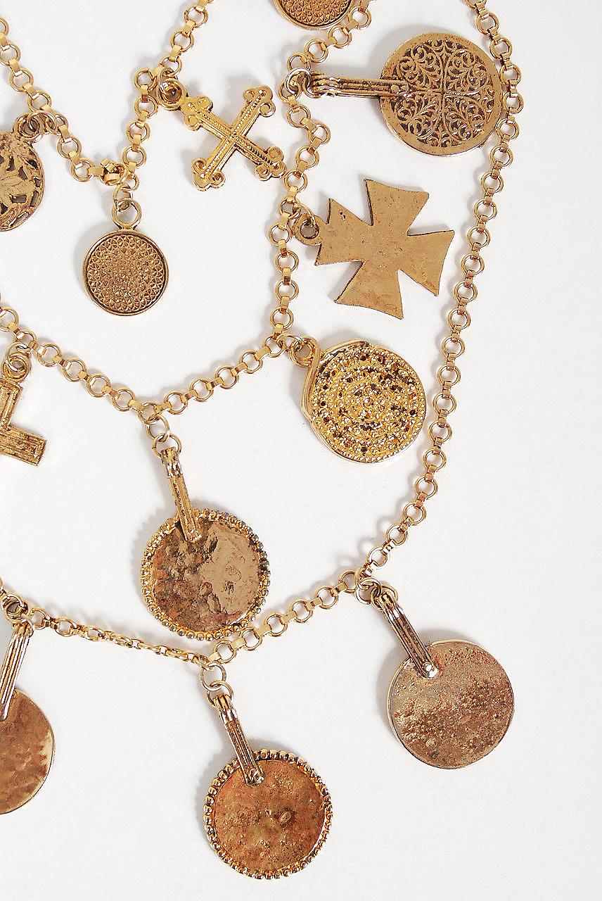 1977 Yves Saint Laurent Gypsy Gold Coin & Cross Medallion Charm Layered Necklace 2