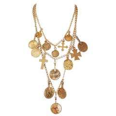 Vintage 1977 Yves Saint Laurent Gypsy Gold Coin & Cross Medallion Charm Layered Necklace