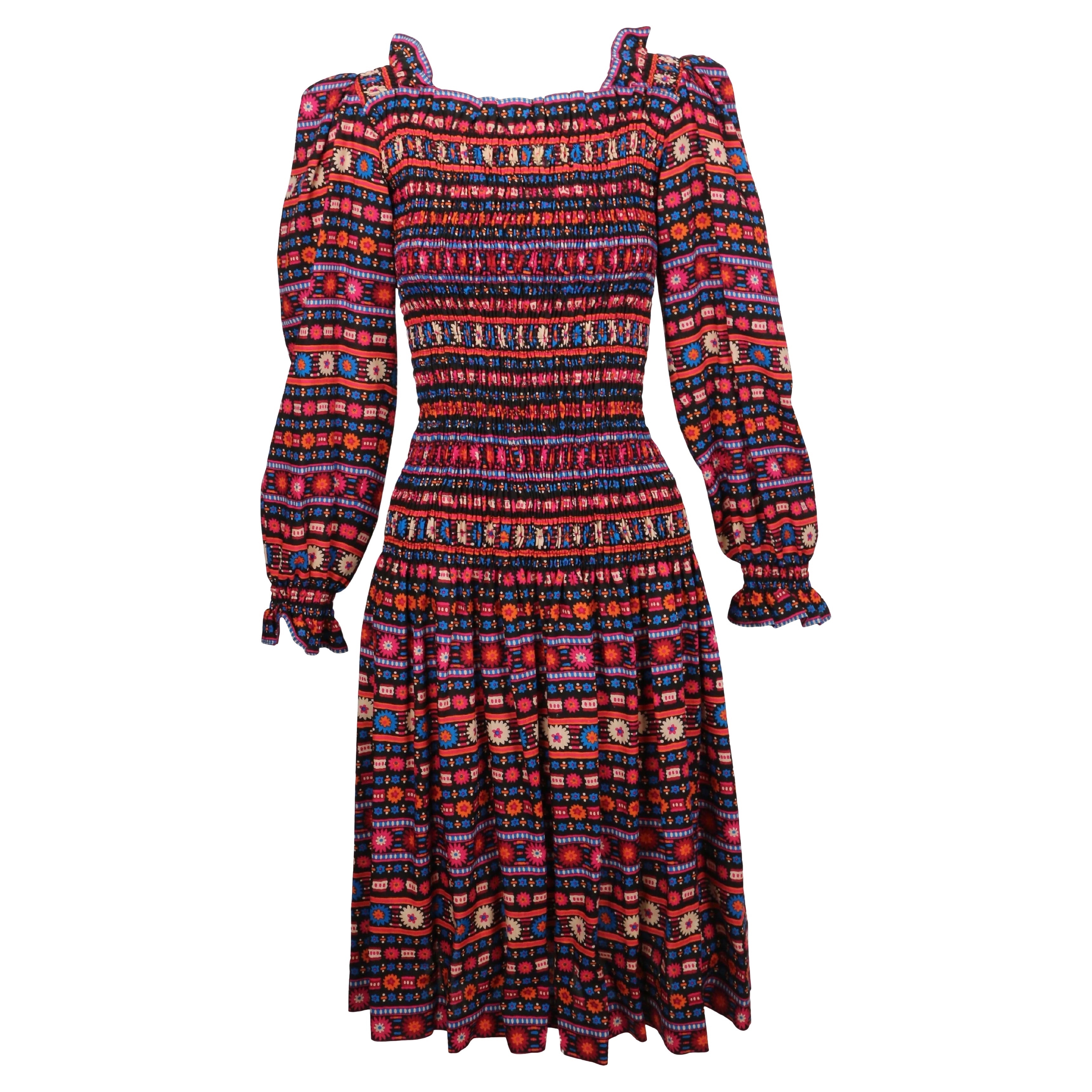 1977 YVES SAINT LAURENT rive gauche shirred wool floral dress