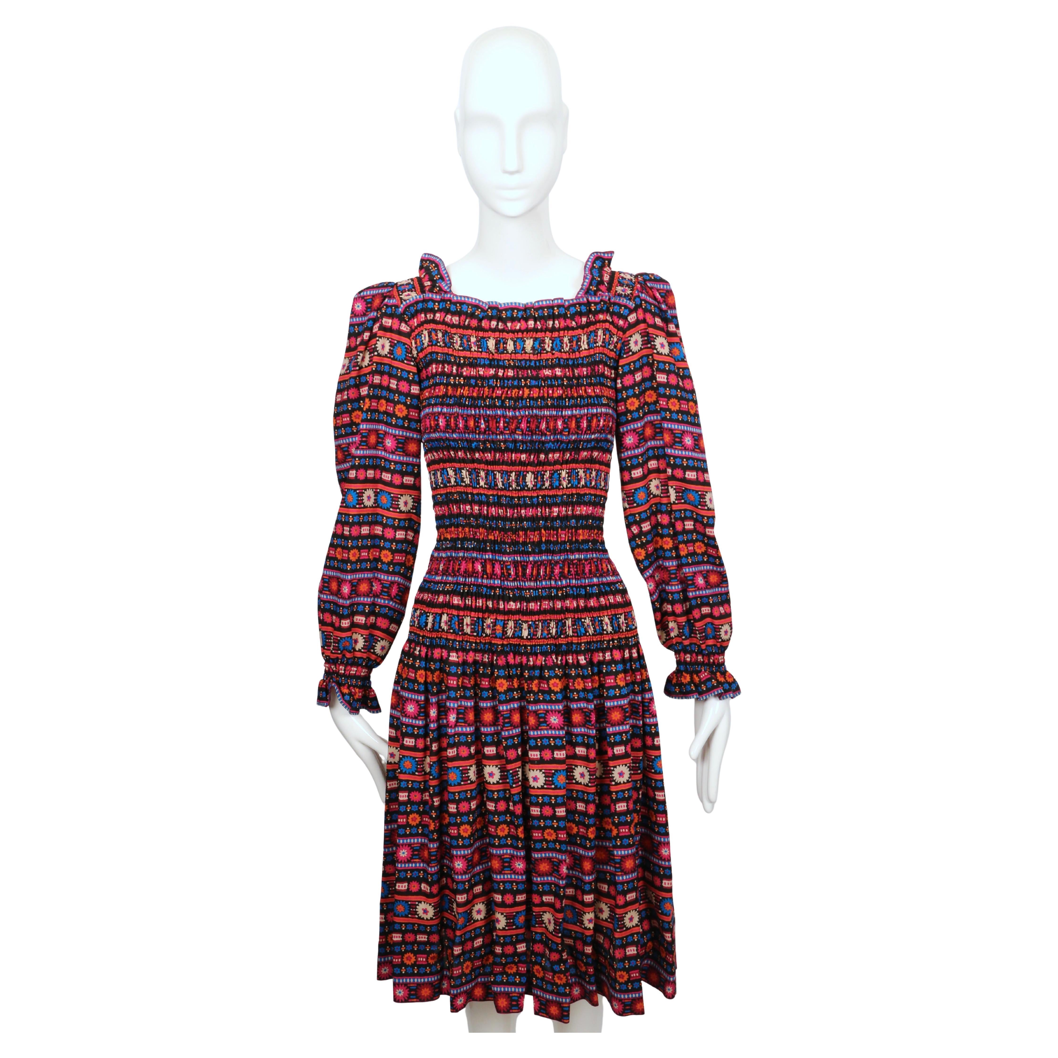 1977 YVES SAINT LAURENT rive gauche shirred wool floral dress in vendita