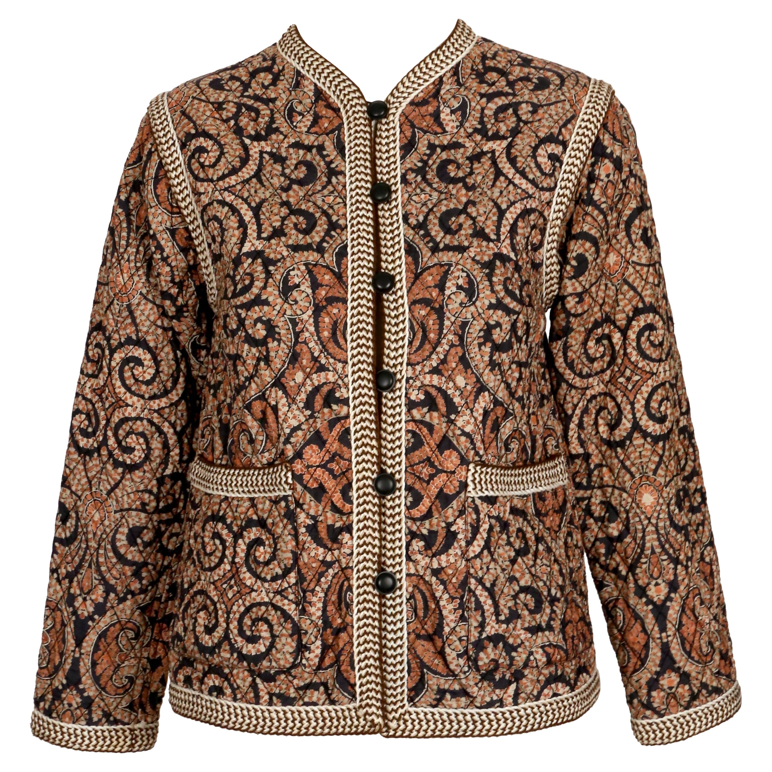 1977 YVES SAINT LAURENT chaqueta acolchada de seda estampada Batik RUNWAY en venta