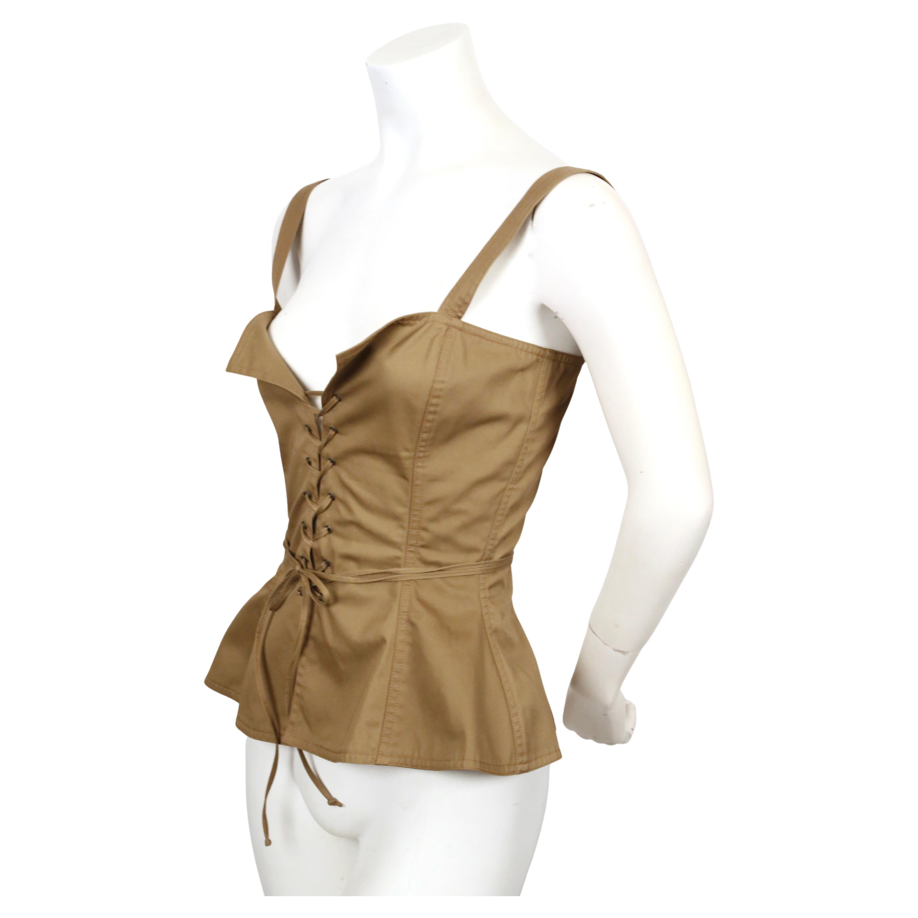 1977 YVES SAINT LAURENT tan lace up RUNWAY peasant bustier In Good Condition In San Fransisco, CA