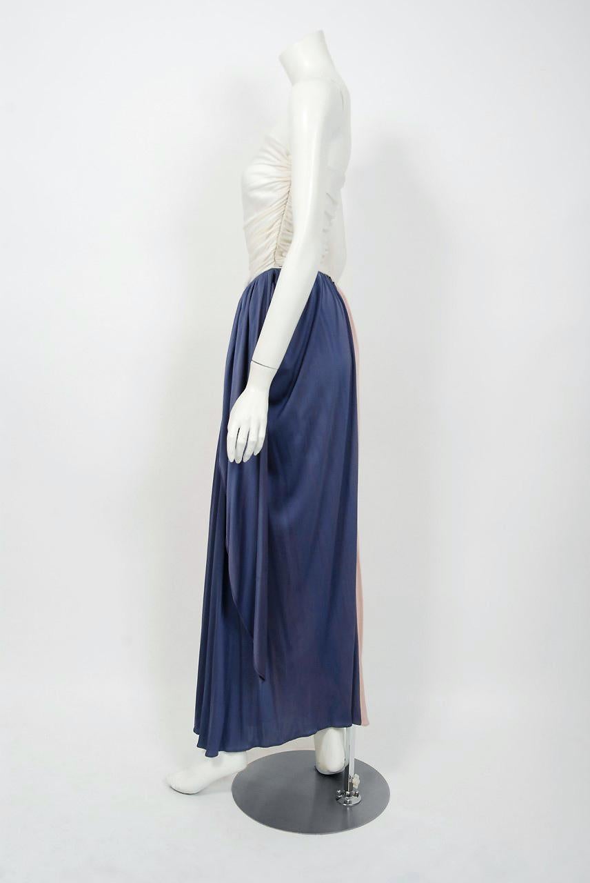 White Vintage 1970's Bill Blass Ivory Blush Blue Jersey Strapless Draped Disco Dress