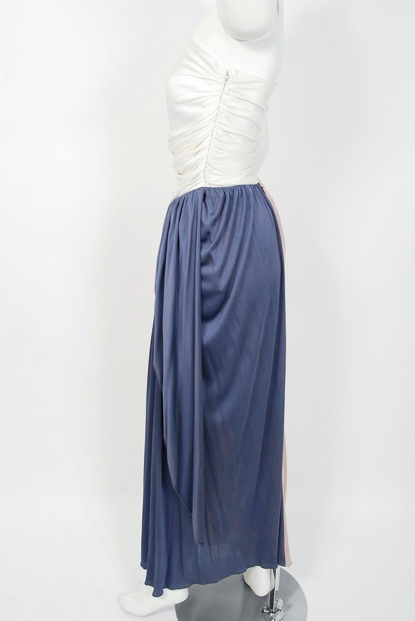 Vintage 1970's Bill Blass Ivory Blush Blue Jersey Strapless Draped Disco Dress In Good Condition In Beverly Hills, CA