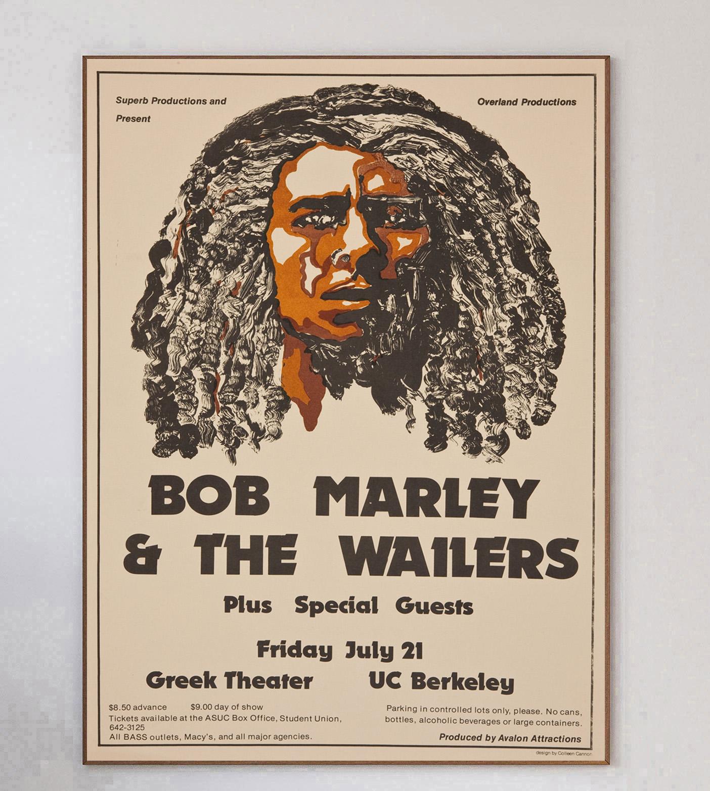 Beautiful and rare poster created in promotion of the legendary Bob Marley & The Wailers concert at the Greek Theater at UC Berkeley in California, USA. The show was on July 21st 1978 and saw the band play classics such as 