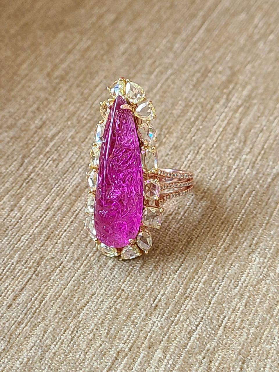 19.78 Carats, Carved Rubellite & Rose Cut Diamonds Cocktail Ring/ Pendant In New Condition In Hong Kong, HK