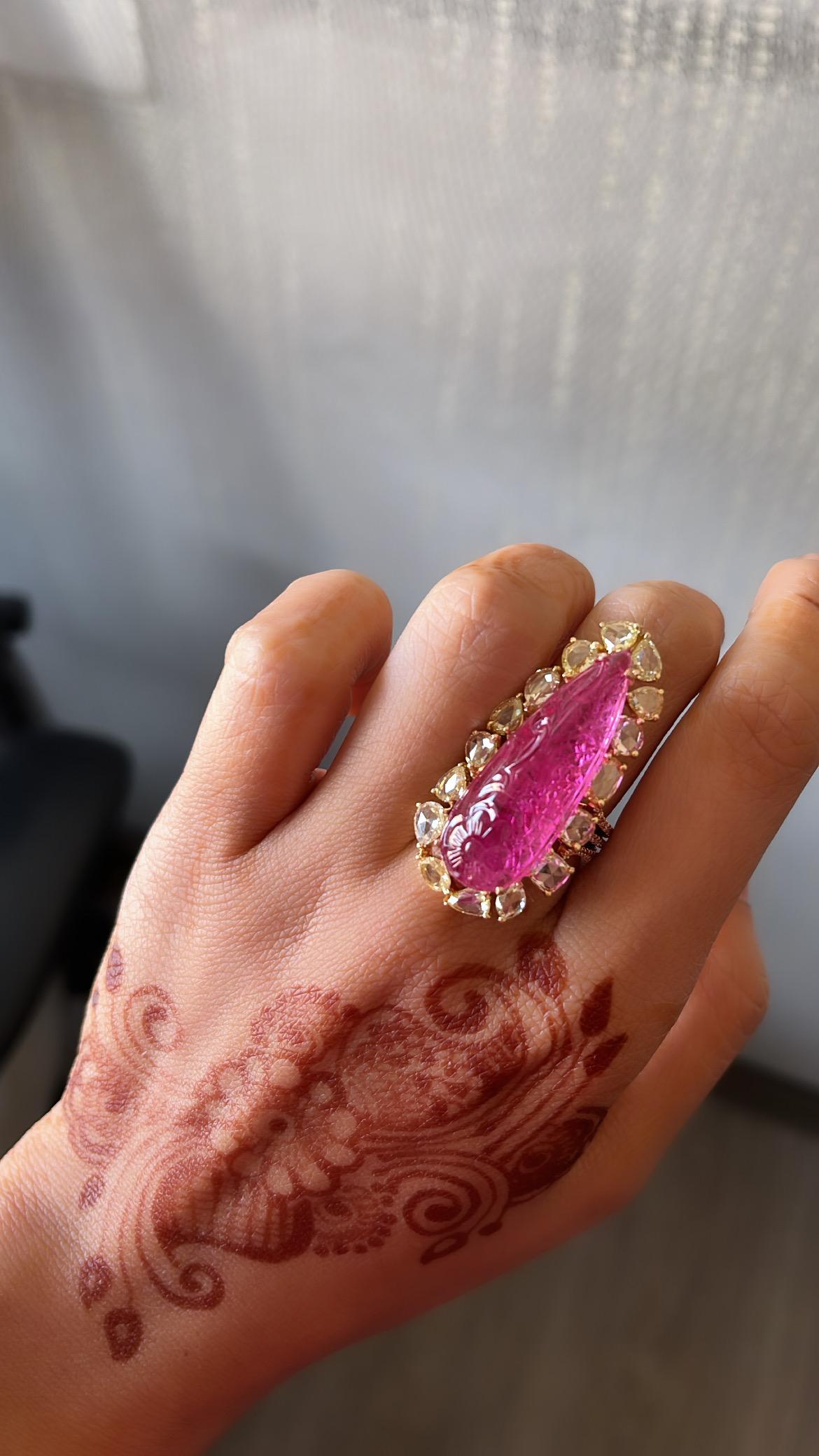 19.78 Carats, Carved Rubellite & Rose Cut Diamonds Cocktail Ring/ Pendant 2
