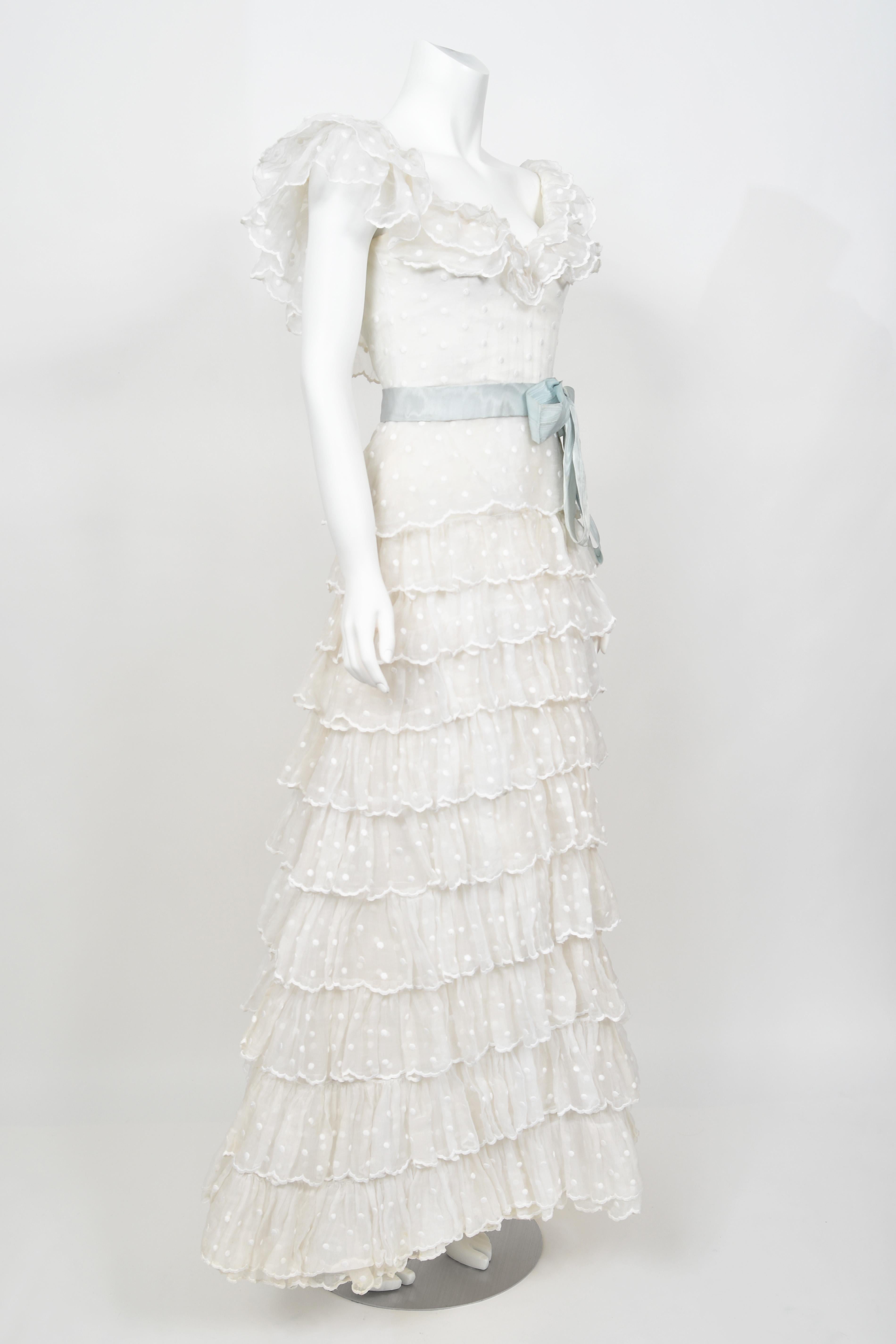 1975 Chanel Haute Couture Embroidered Organza Off-Shoulder Tiered Bridal Gown 9