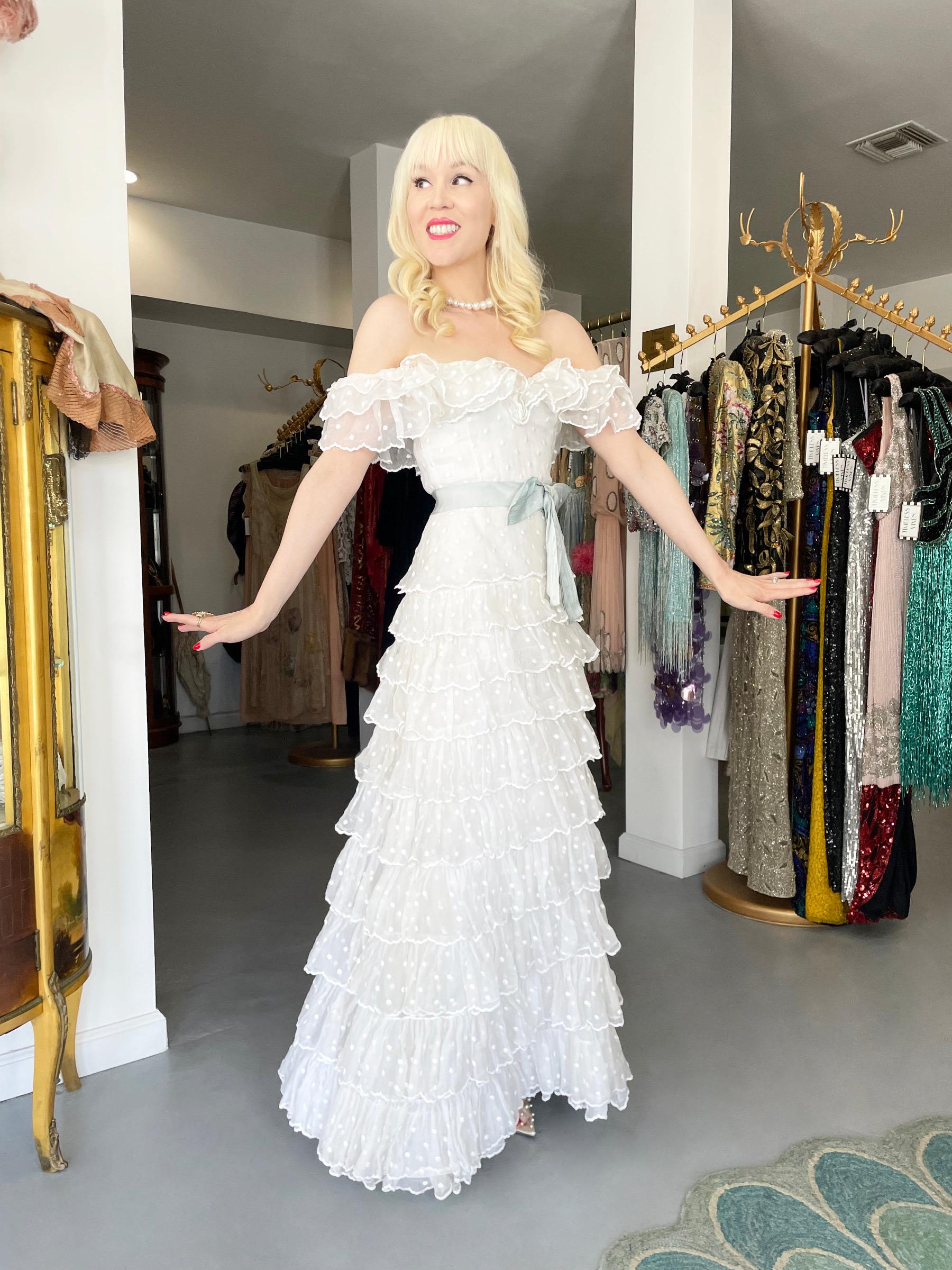 Women's 1975 Chanel Haute Couture Embroidered Organza Off-Shoulder Tiered Bridal Gown