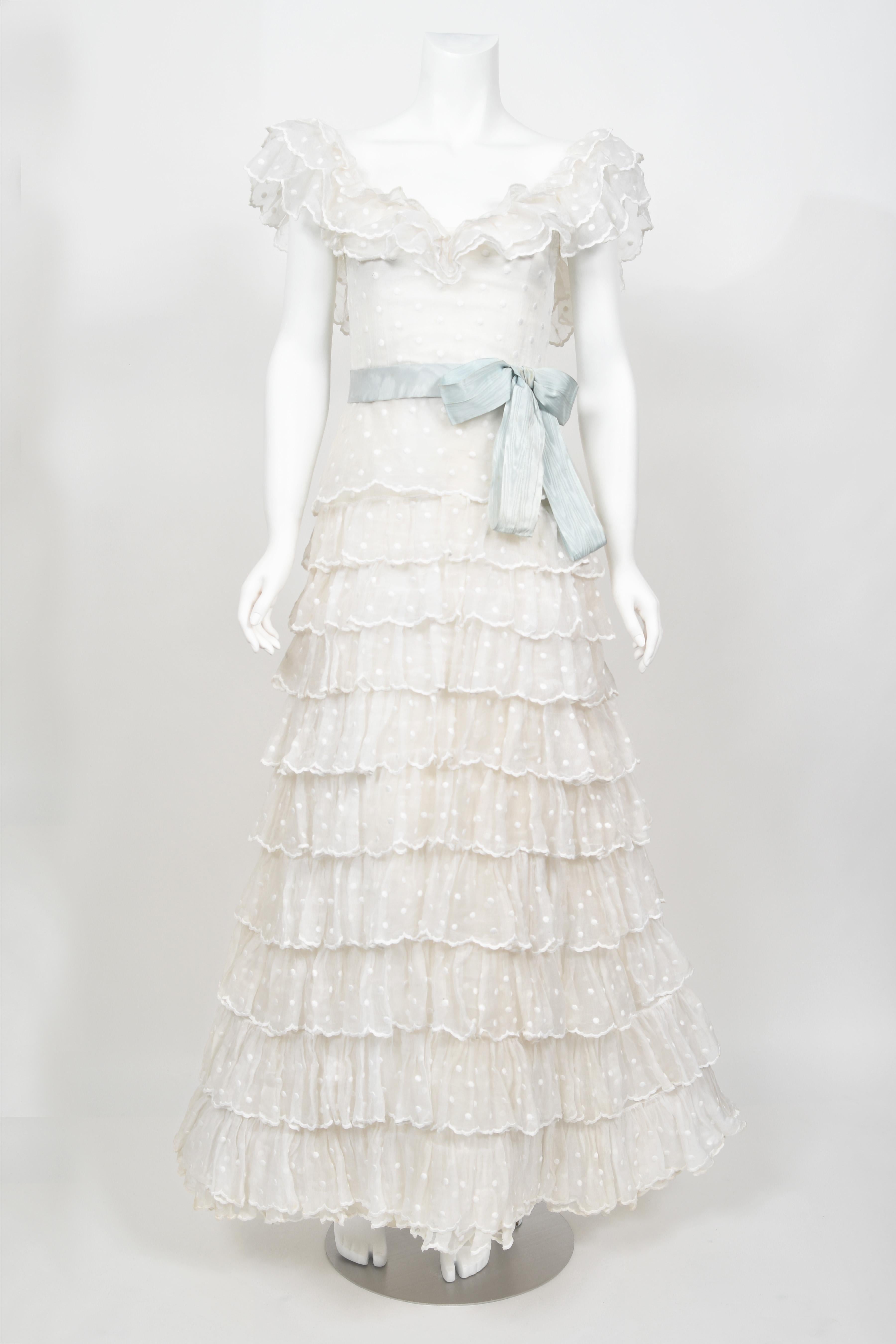 1975 Chanel Haute Couture Embroidered Organza Off-Shoulder Tiered Bridal Gown 4