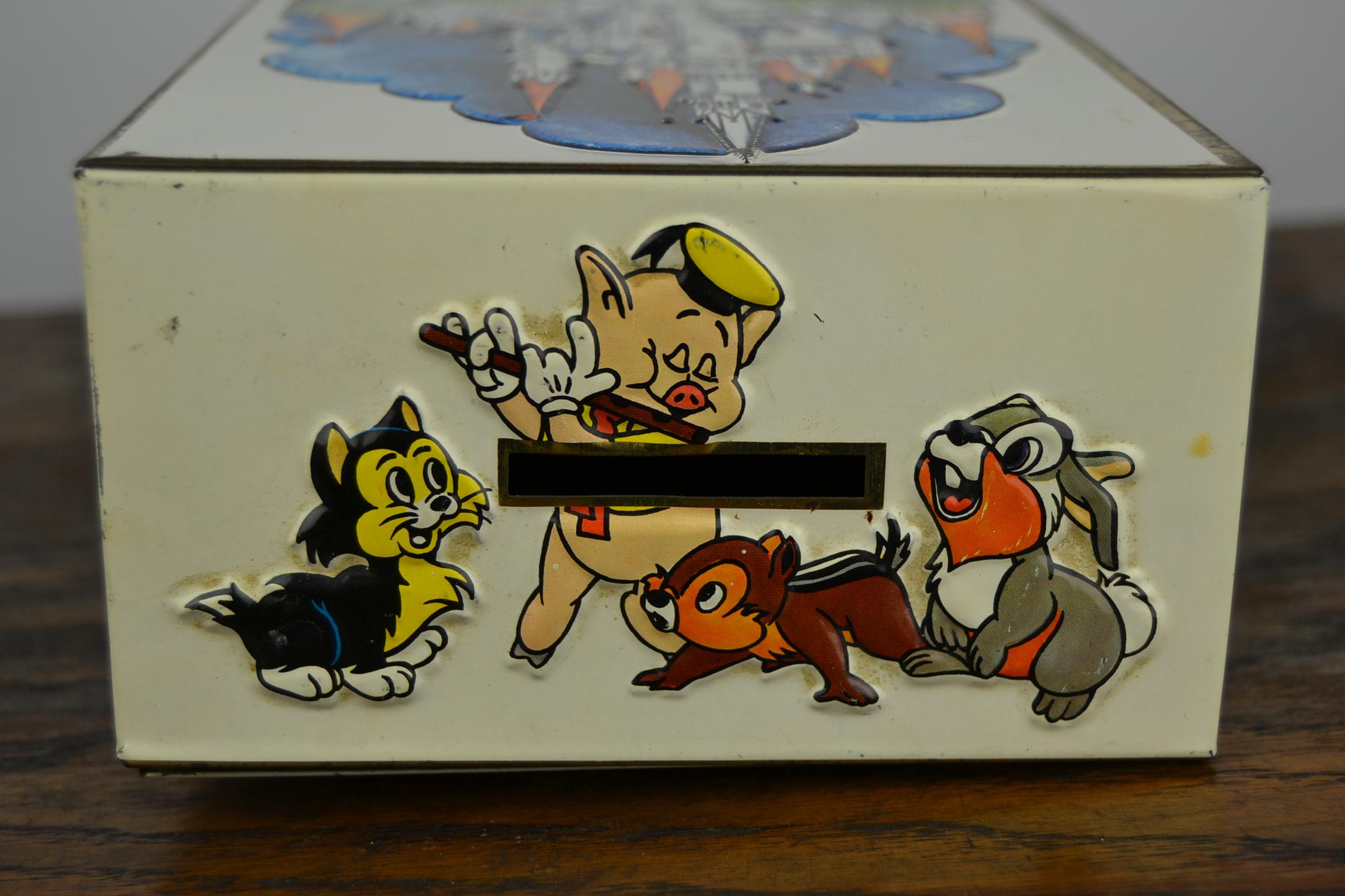 Embossé banque de pièces de monnaie en étain Disney Mickey 1978:: jouet coffre-fort bancaire