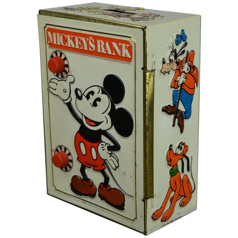 1978 Disney Mickey's Tin Coin Bank, Bank Safe Toy at 1stDibs