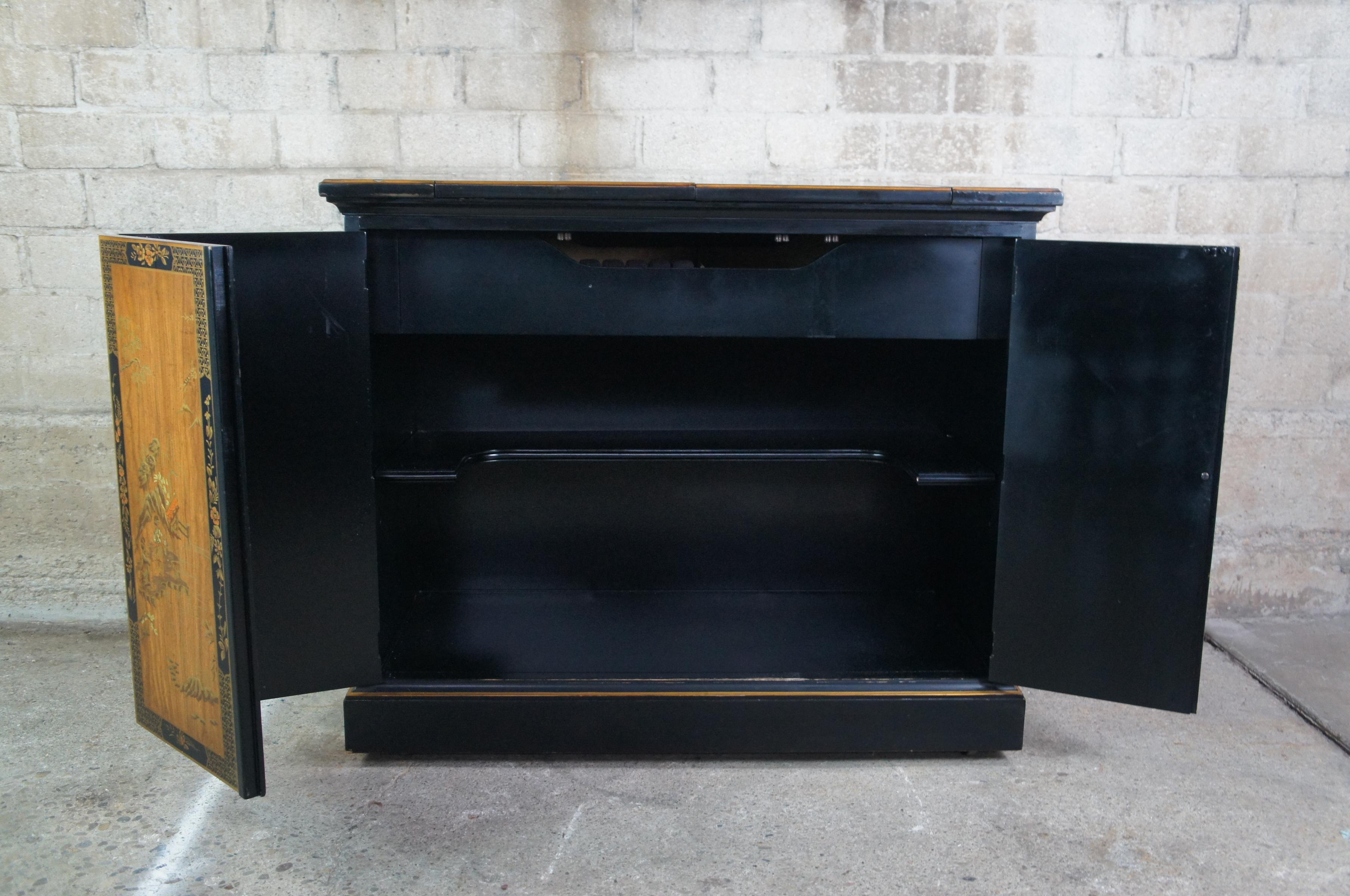 1978 Drexel Et Cetera Asian Black Lacquer Chinoiserie Buffet Rolling Dry Bar 3