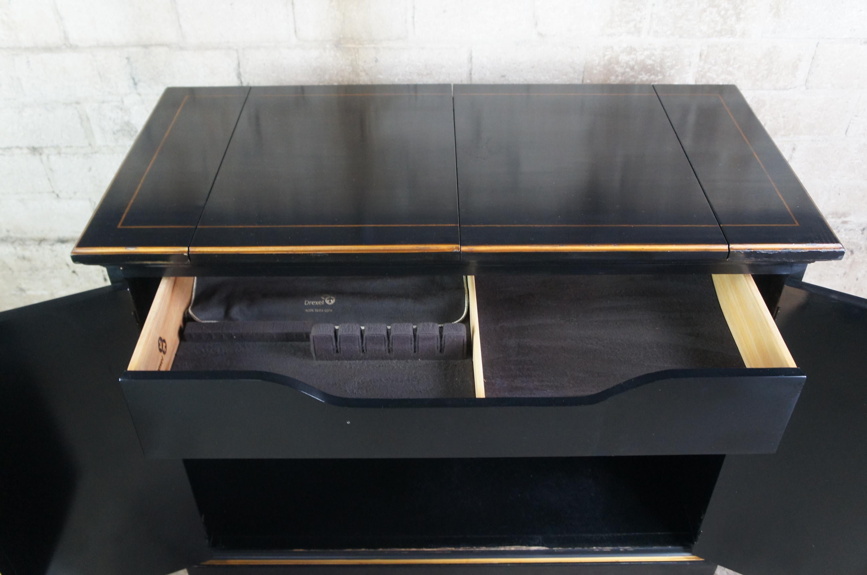 1978 Drexel Et Cetera Asian Black Lacquer Chinoiserie Buffet Rolling Dry Bar 1