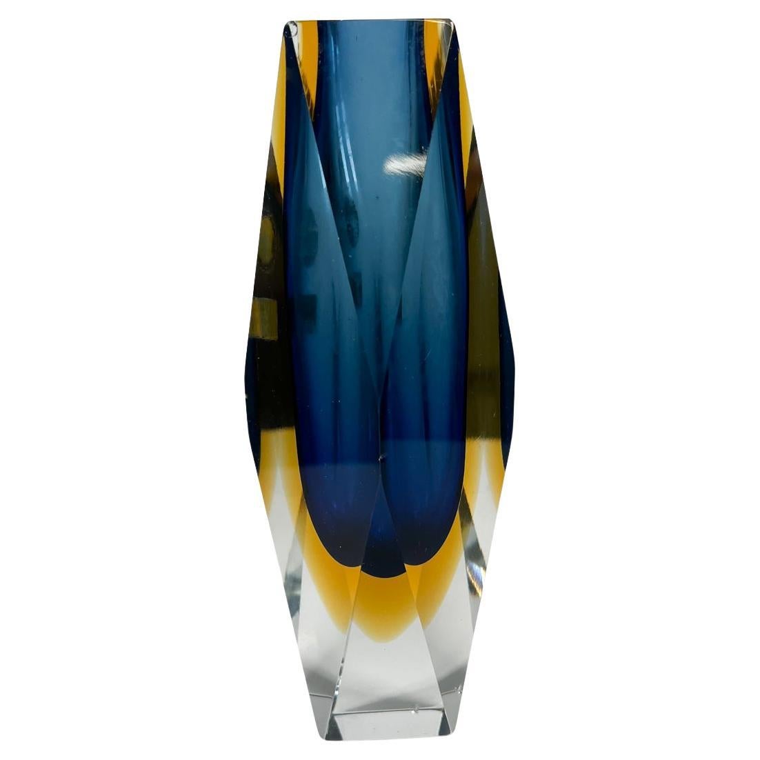 1978 Alessandro Mandruzzato Blue Faceted Art Glass Vase Murano Sommerso Italy