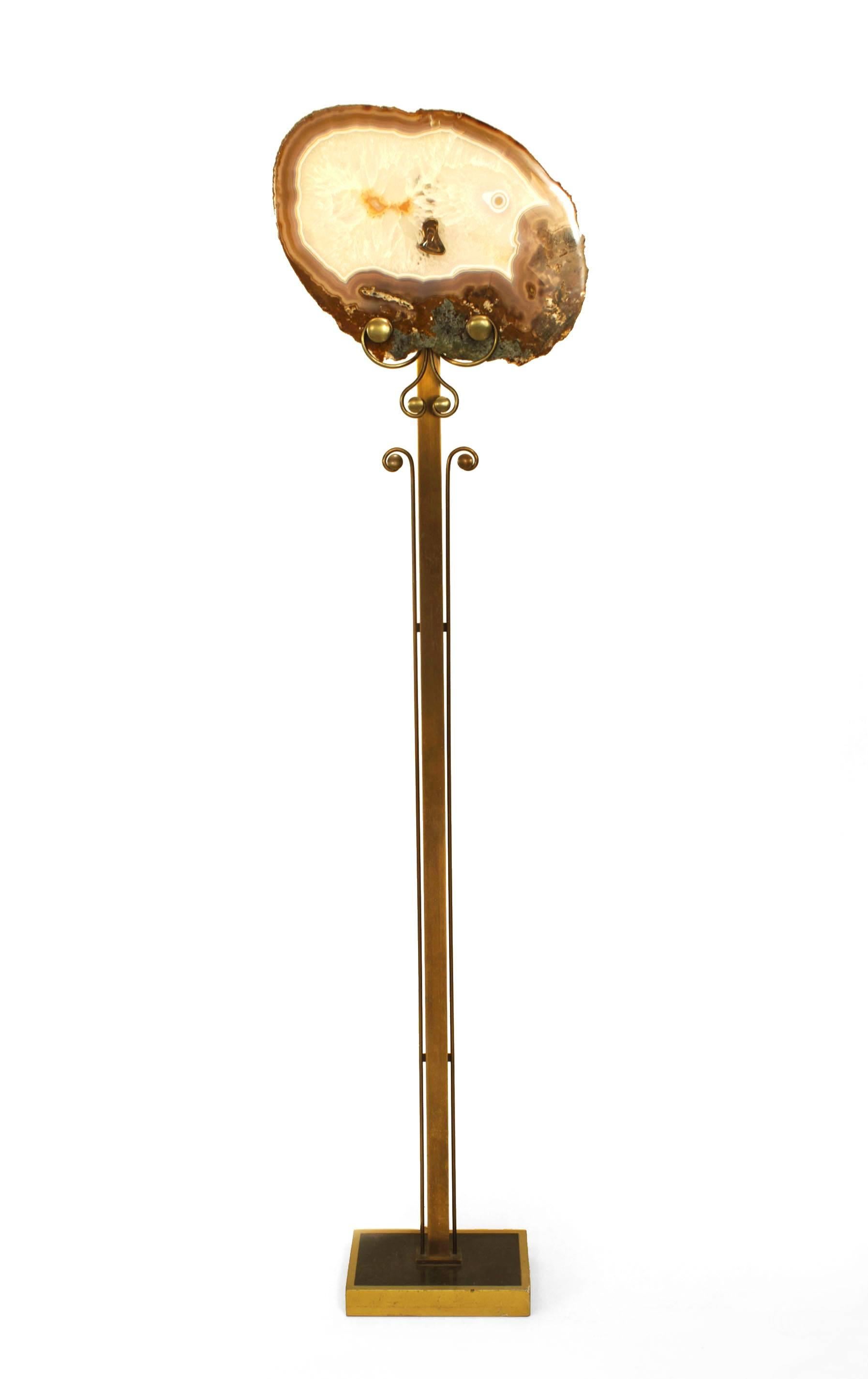 French Post-War Design bronze floor lamp with scroll trim supporting an agate panel front shade with a stylized finial on a rectangular base. (signed: DU BOISSON 1978)
