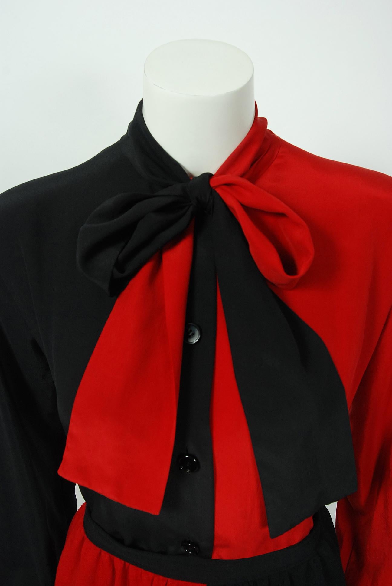 1978 Givenchy Boutique Black Red Black-Color Silk Bow Blouse & Wool Maxi Skirt In Good Condition In Beverly Hills, CA