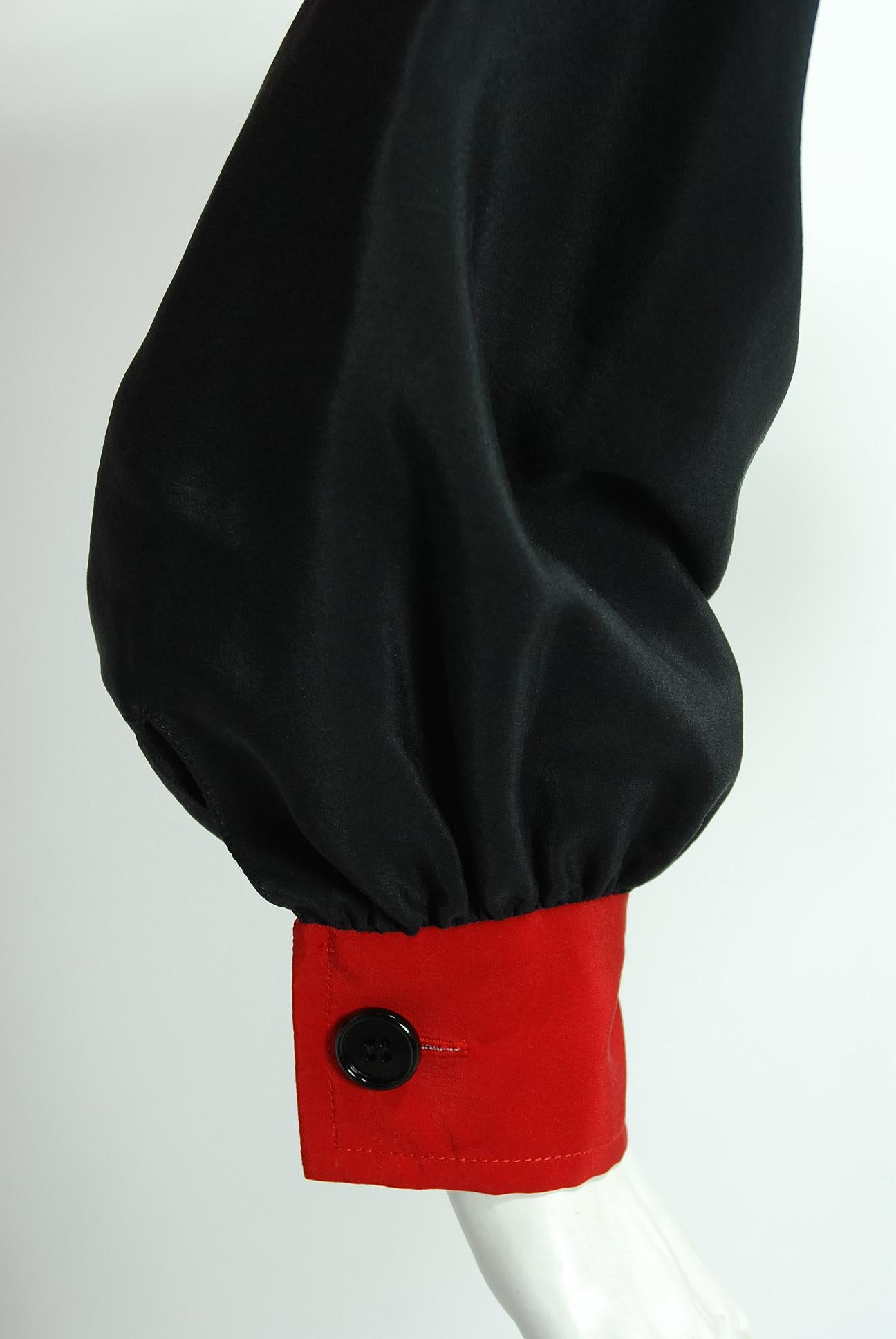 Women's 1978 Givenchy Boutique Black Red Black-Color Silk Bow Blouse & Wool Maxi Skirt