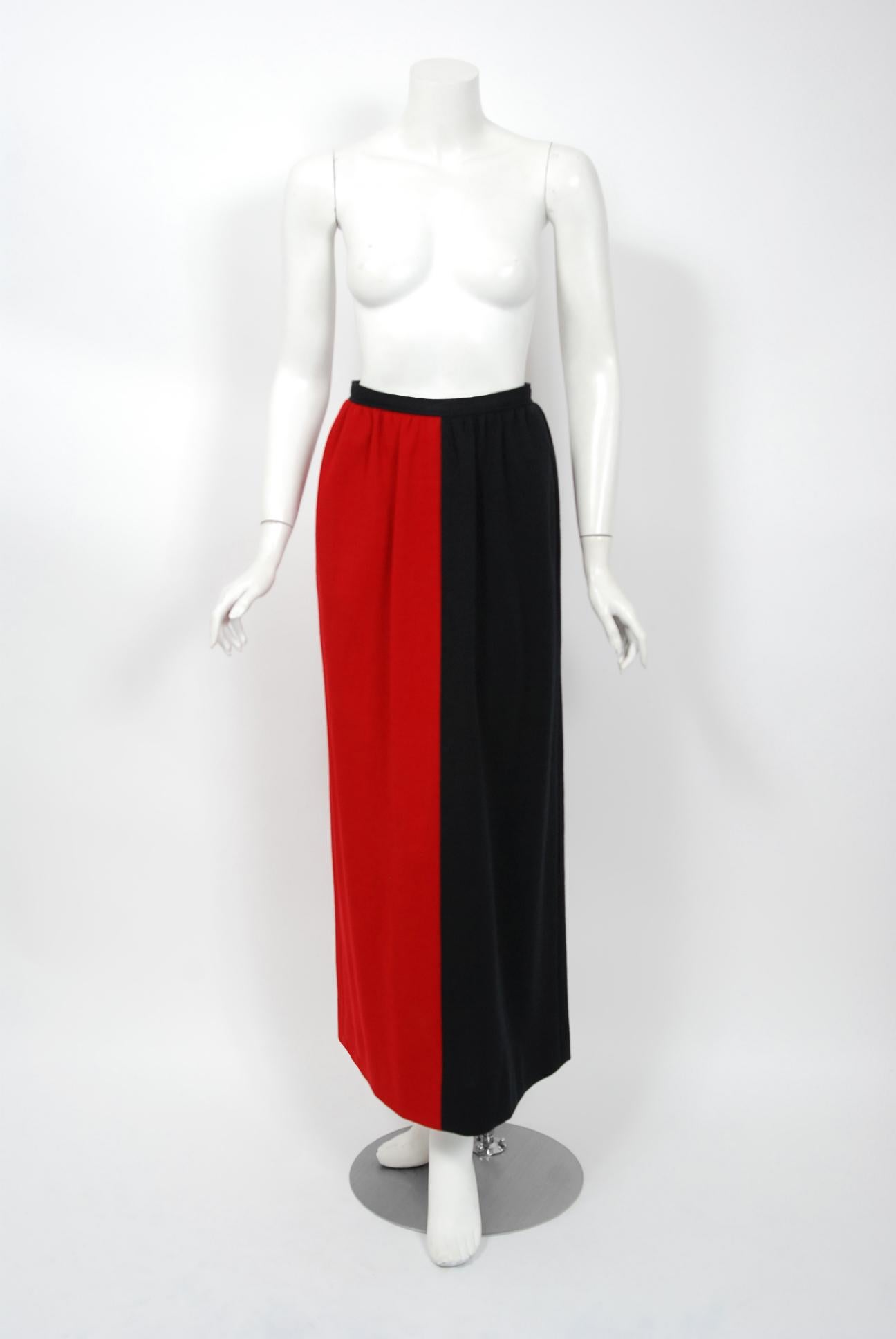 1978 Givenchy Boutique Black Red Black-Color Silk Bow Blouse & Wool Maxi Skirt 1