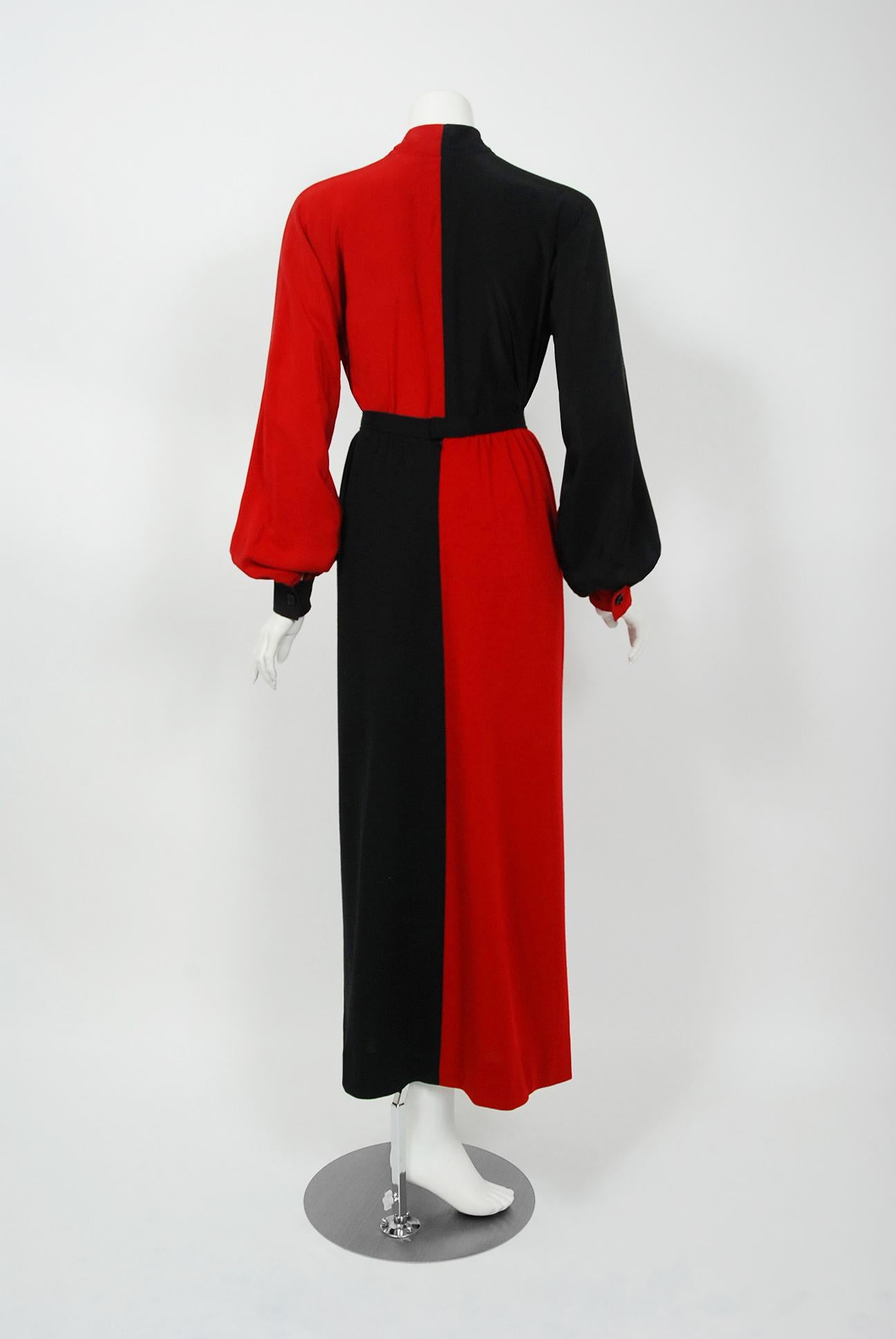 1978 Givenchy Boutique Black Red Black-Color Silk Bow Blouse & Wool Maxi Skirt 2