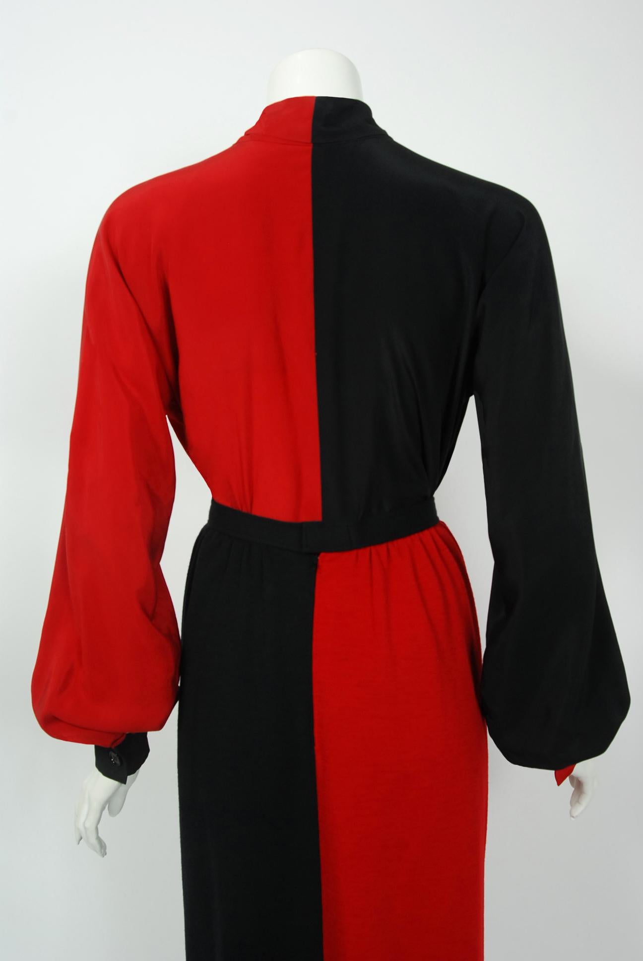 1978 Givenchy Boutique Black Red Black-Color Silk Bow Blouse & Wool Maxi Skirt 3