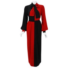 Vintage 1978 Givenchy Boutique Black Red Black-Color Silk Bow Blouse & Wool Maxi Skirt