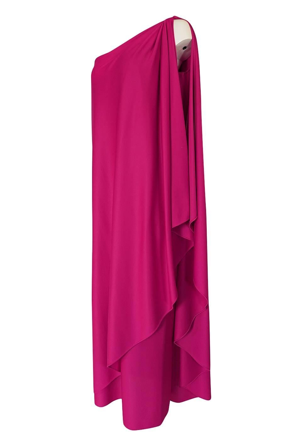 1978 Halston Pink One Shoulder Draped Jersey Dress 1