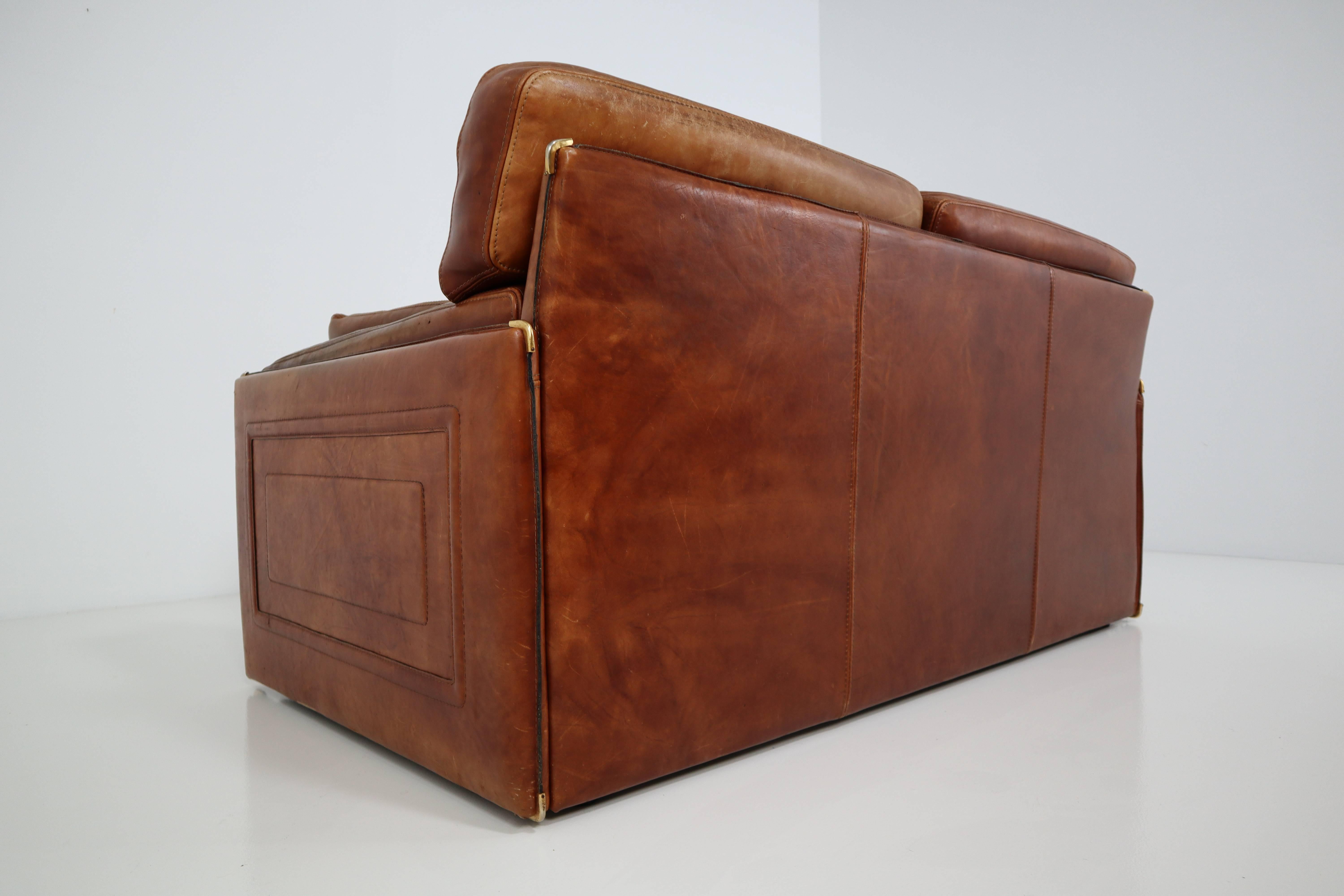 Art Deco 1978 Italian Vintage Baxter Bull Leather Sofa in Distressed Used Look