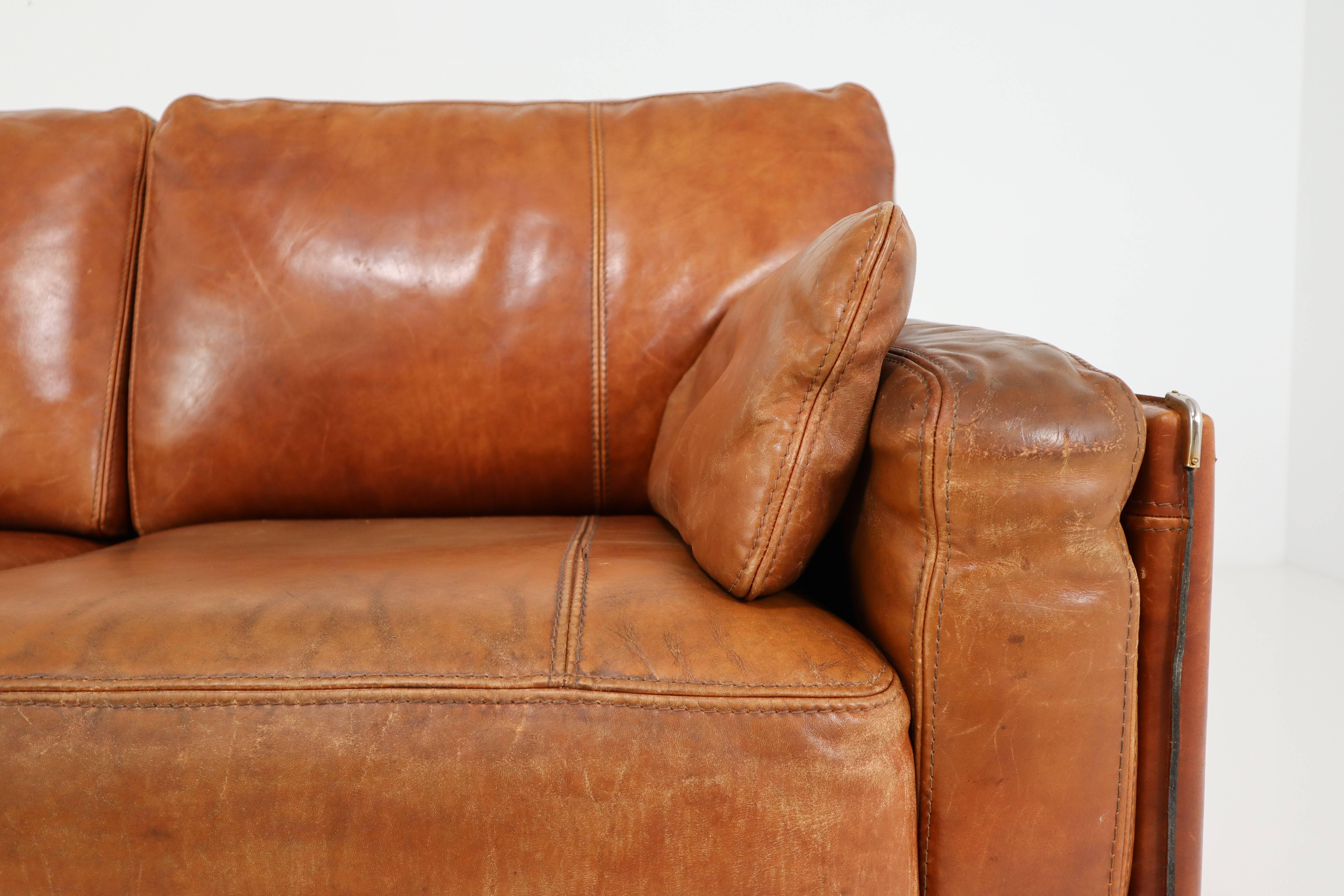 1978 Italian Vintage Baxter Bull Leather Sofa in Distressed Used Look 1