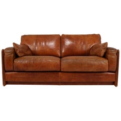 1978 Italian Retro Baxter Bull Leather Sofa in Distressed Used Look