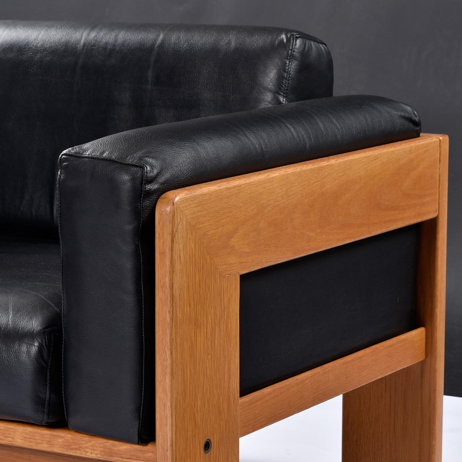 1978 Knoll International Bastiano Oak Black Leather Armchairs Set 4