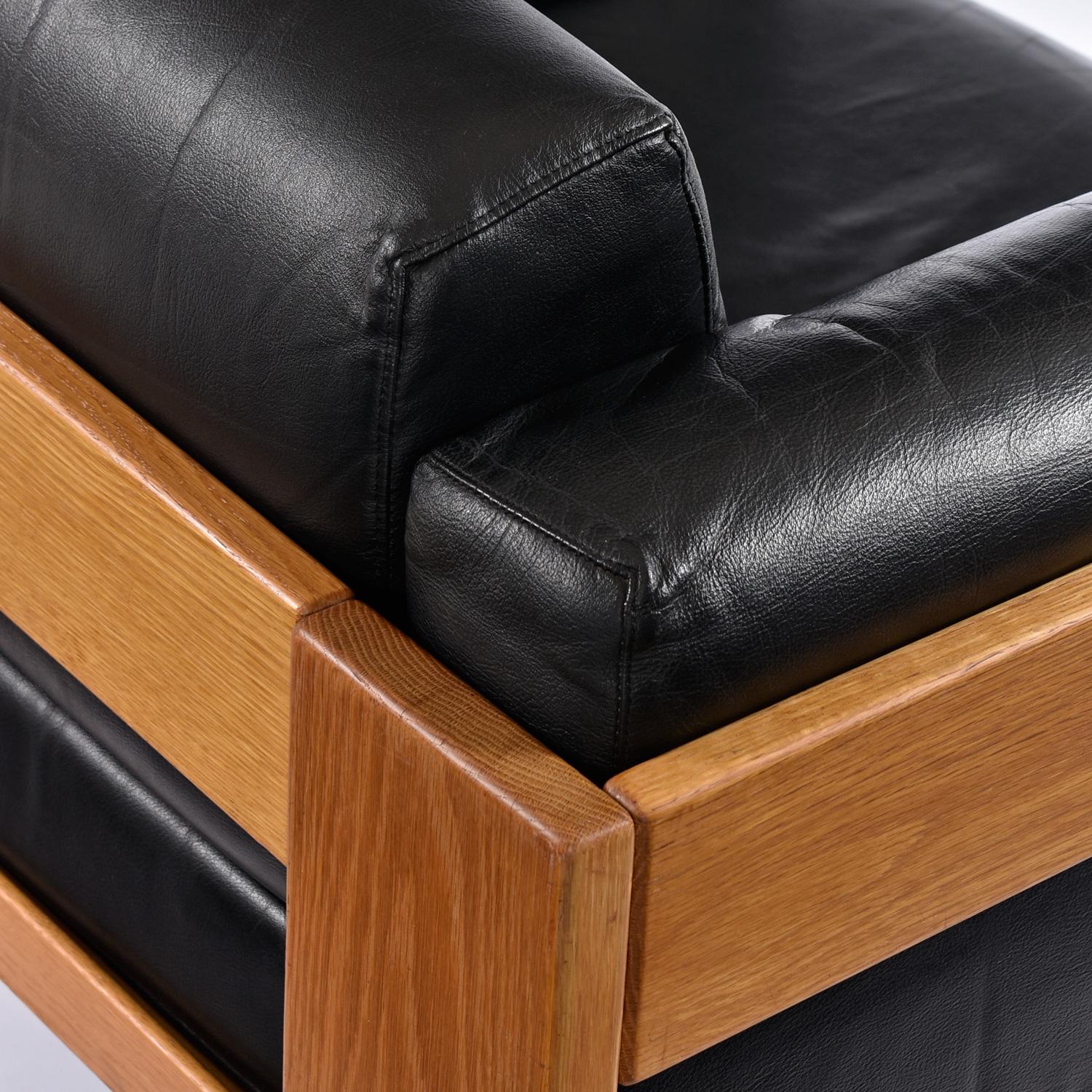 1978 Knoll International Bastiano Oak Black Leather Armchairs Set 1