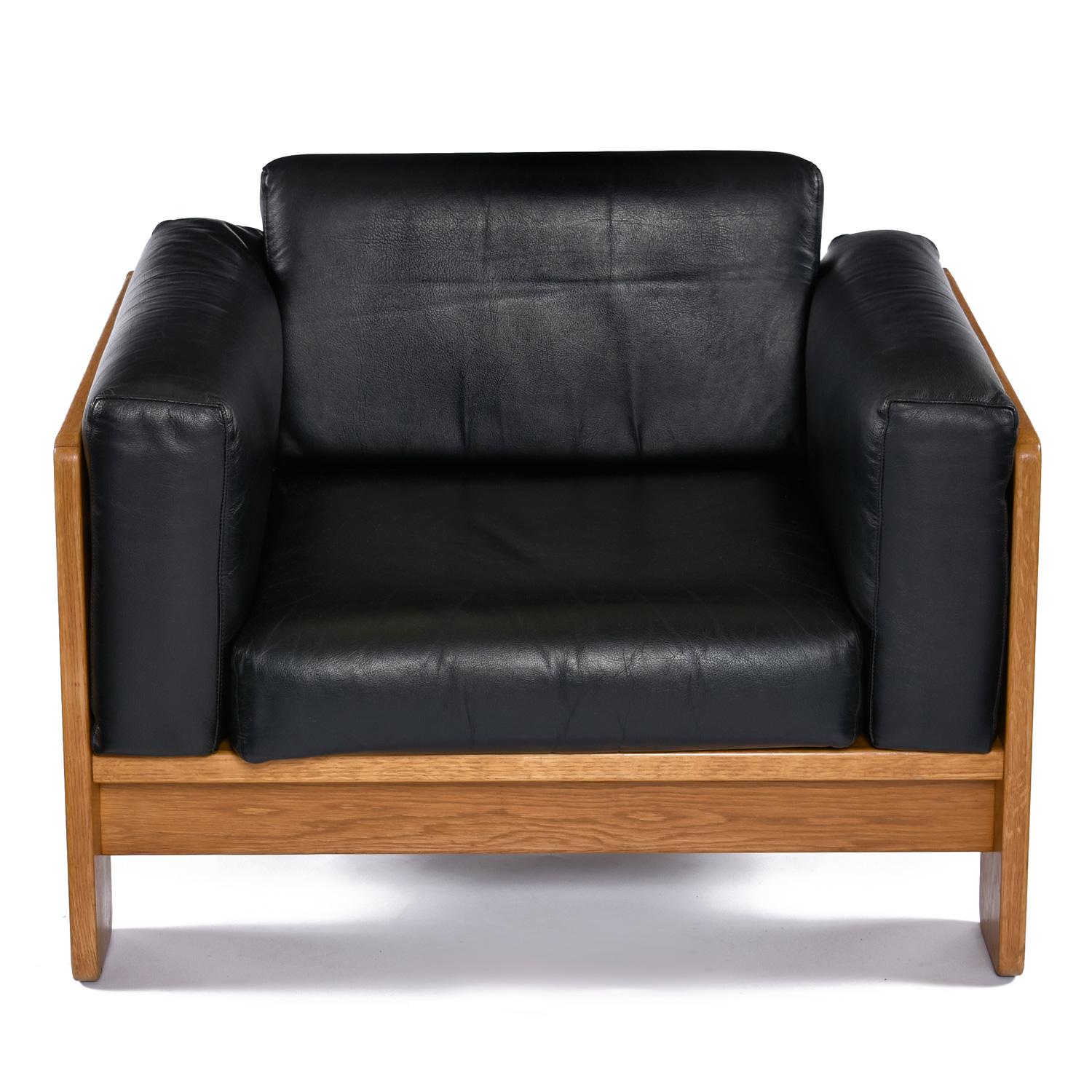 1978 Knoll International Bastiano Oak Black Leather Armchairs Set 3