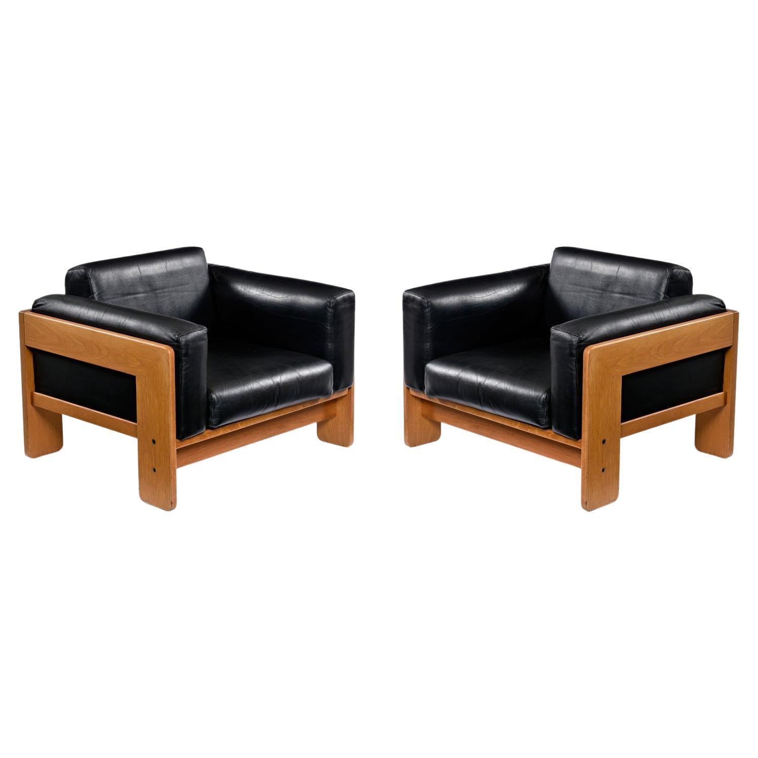 1978 Knoll International Bastiano Oak Black Leather Armchairs Set